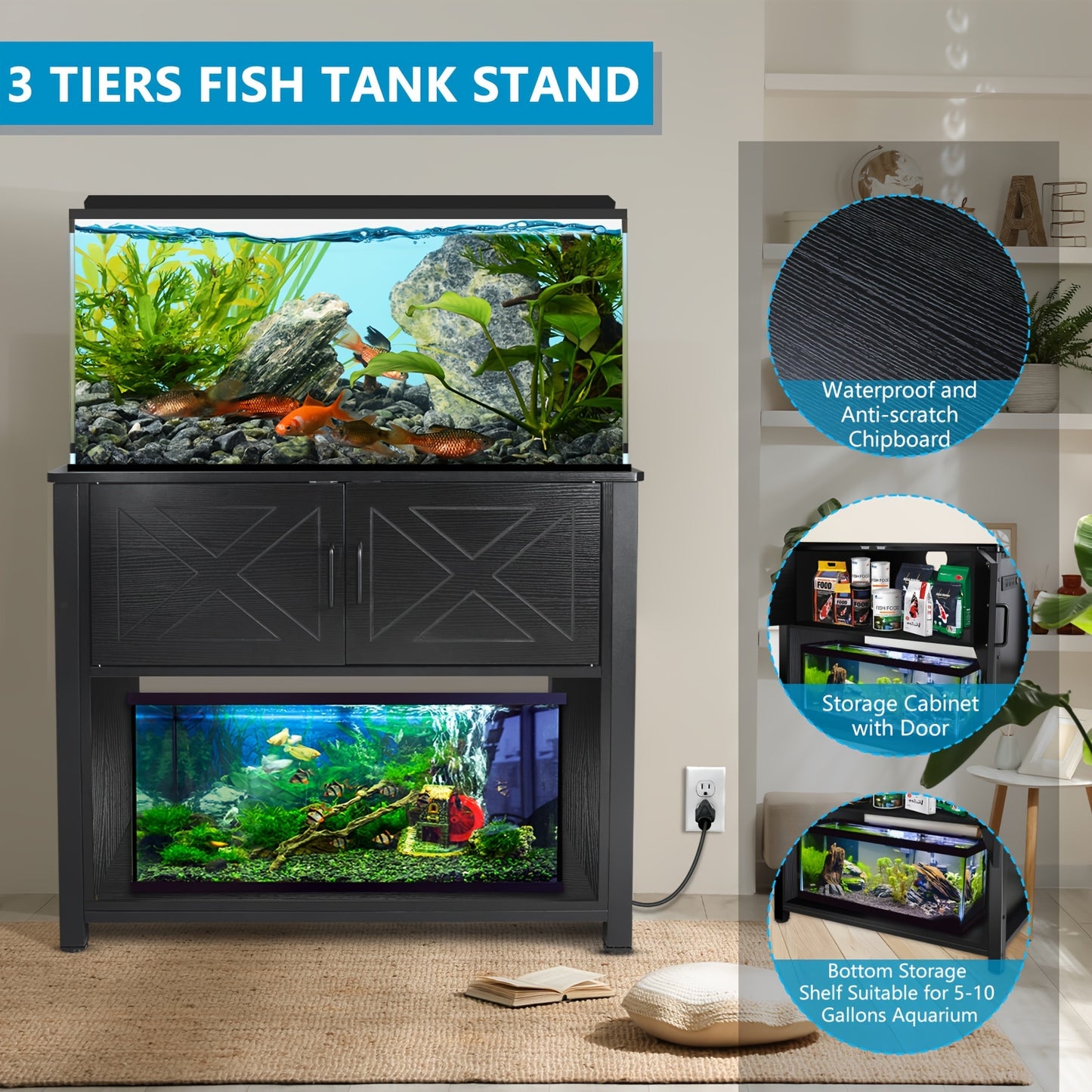 40-50 Gallon Fish Tank Stand, Metal Aquarium Stand With Cabinet & Plug For Fish Tank