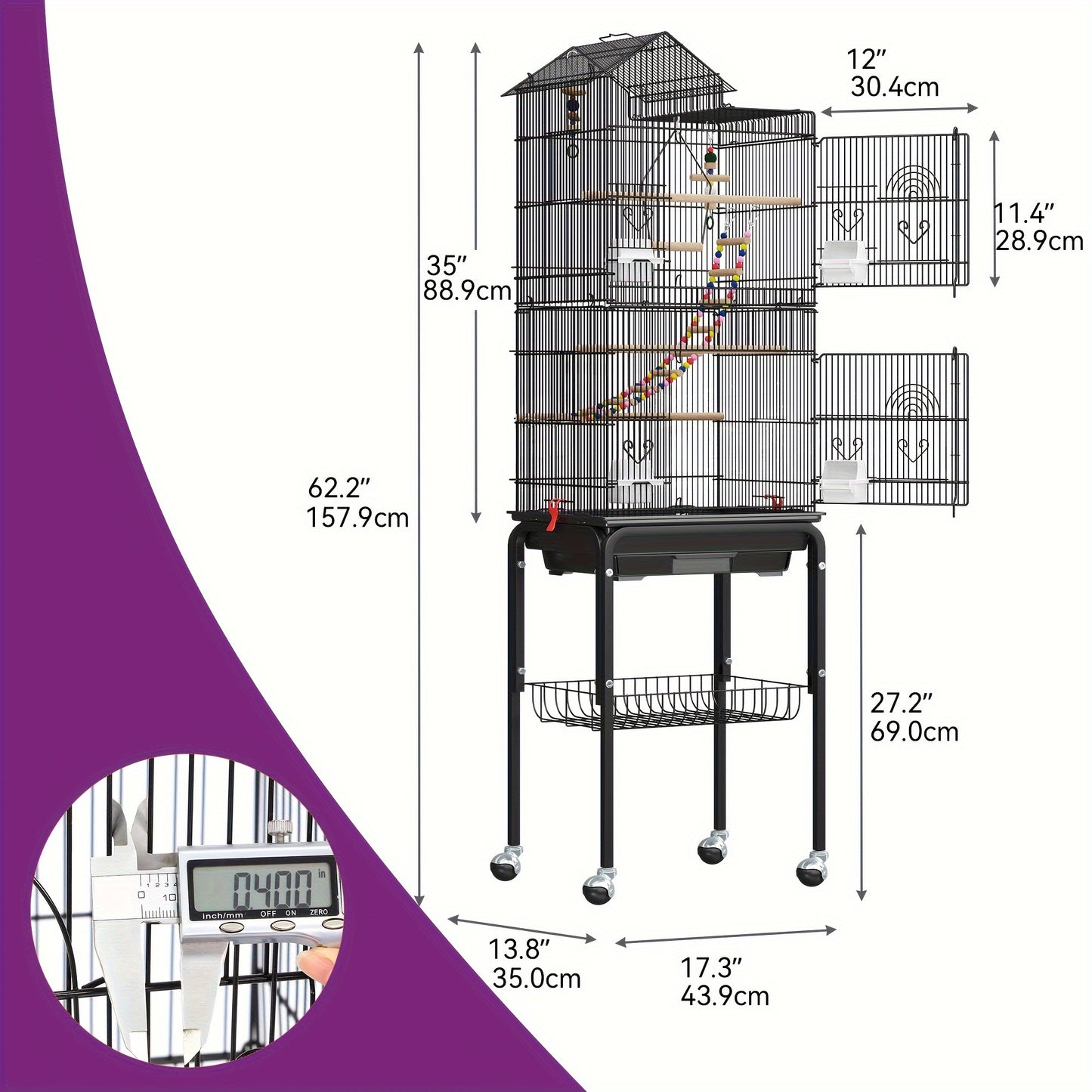 62 inch Metal Bird Cage, Large Parakeet Cages with Roof Top, Rolling Stand and Hanging Toys