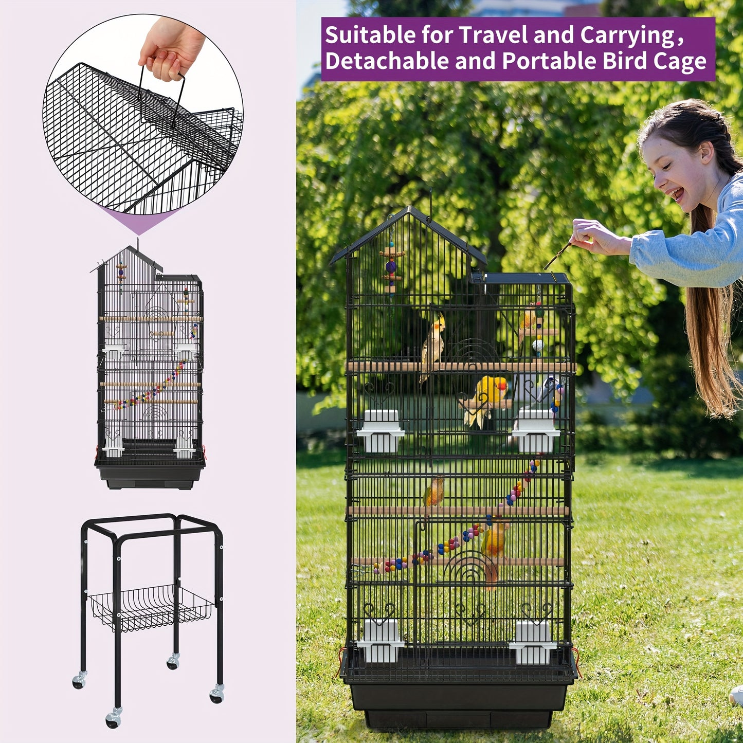 62 inch Metal Bird Cage, Large Parakeet Cages with Roof Top, Rolling Stand and Hanging Toys