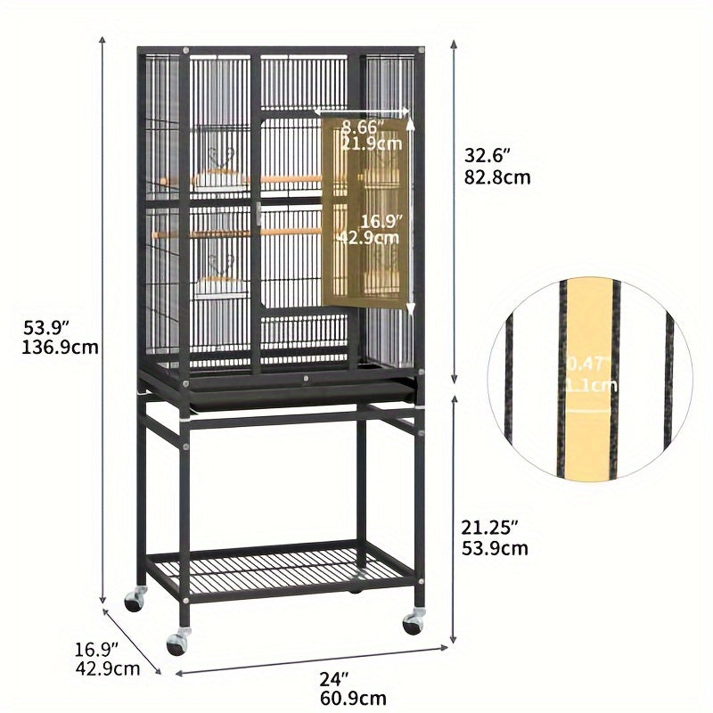 Metal Bird Cage 53" with Rolling Stand and Castor Wheels, Large Budgie Cages with 2 Free Bird Covers