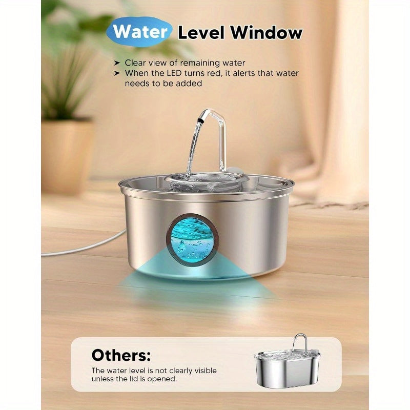 Pet Fountain Stainless steel water dispenser - 3.2L/ 108oz, visual window, easy to check the water level