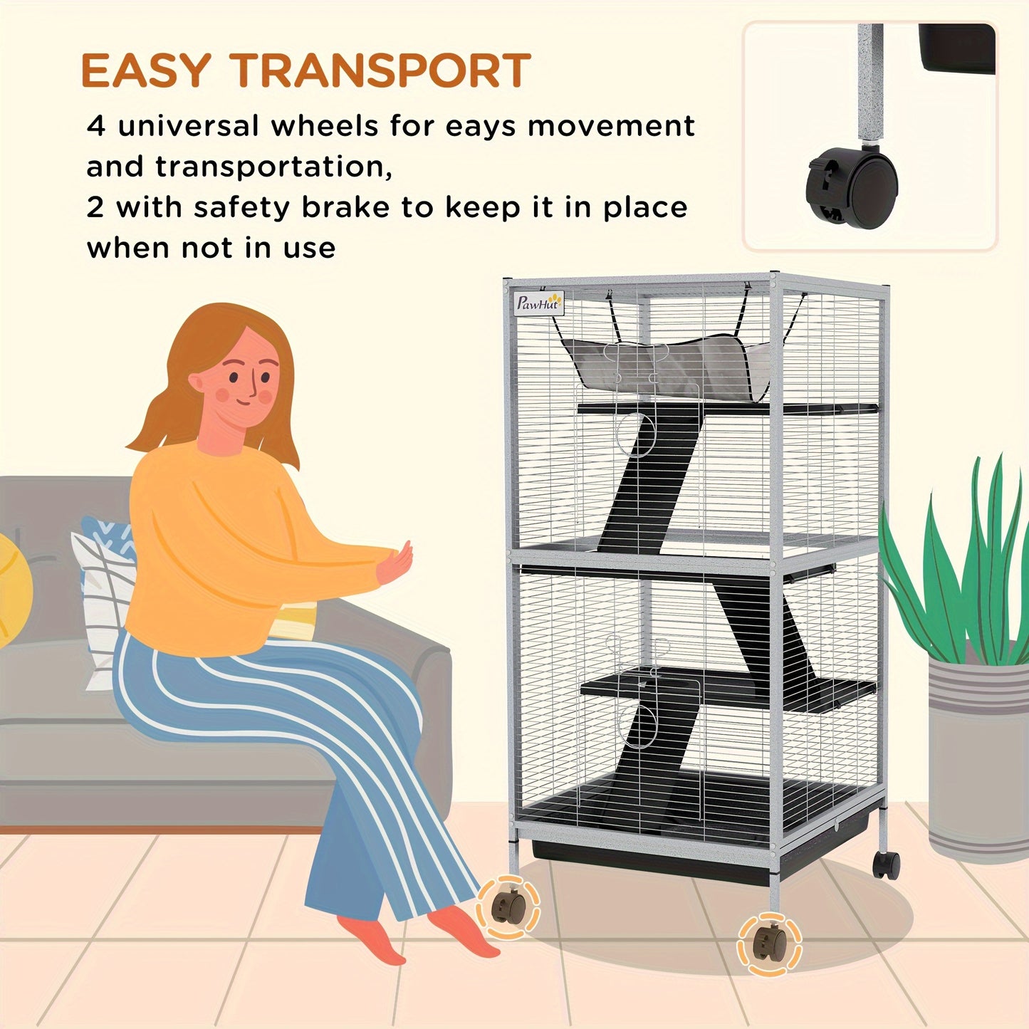Metal Small Animal Cage Rolling Big Ferret Cage, with Hammock & 4 Tiers, Removable Tray, White
