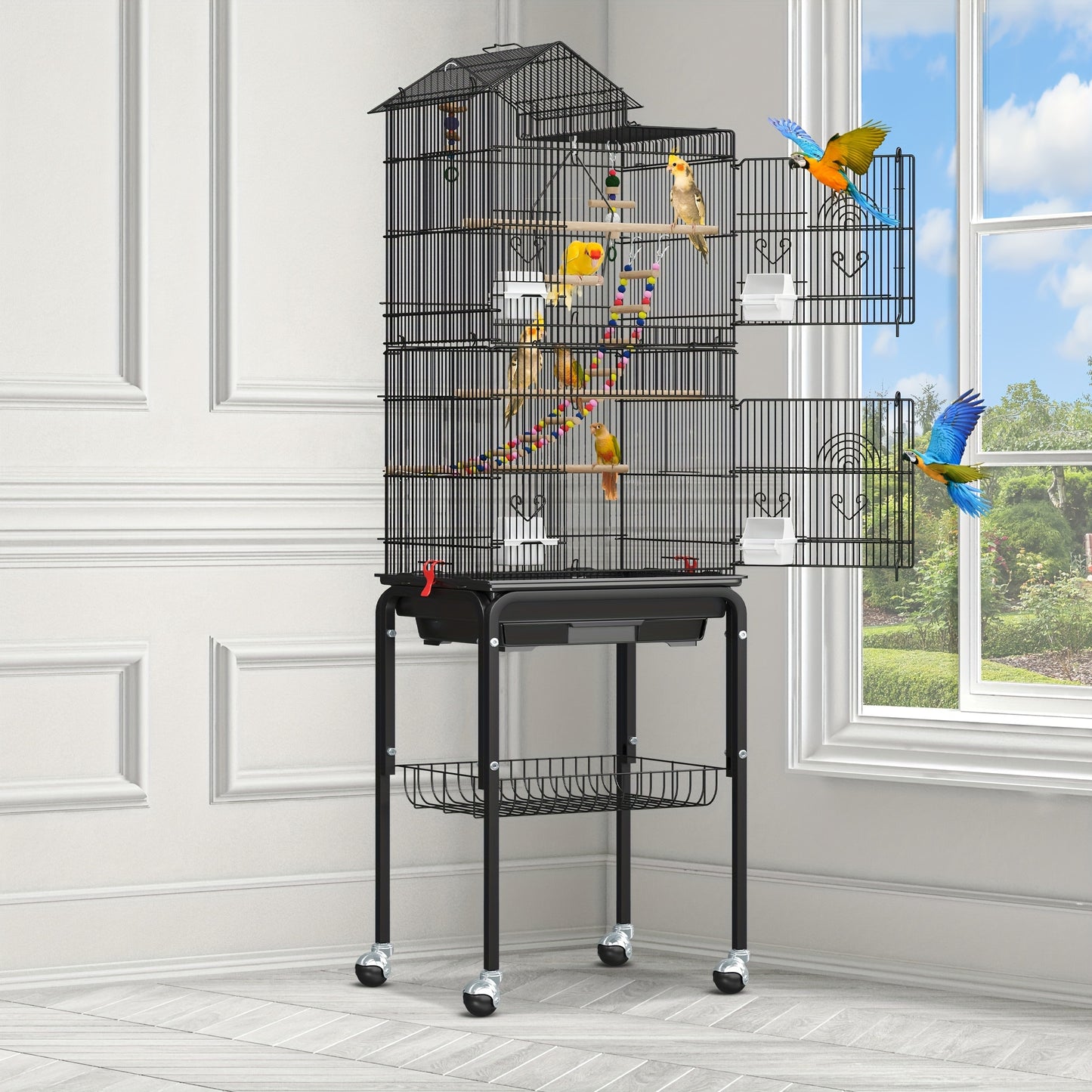 62 inch Metal Bird Cage, Large Parakeet Cages with Roof Top, Rolling Stand and Hanging Toys