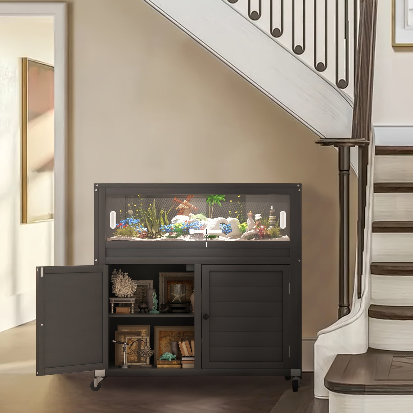 Reptile Terrarium Stand, 30 Gallon Reptile Tank with Adjustable Storage Cabinet, Wheels & Metal Mesh Roof Door