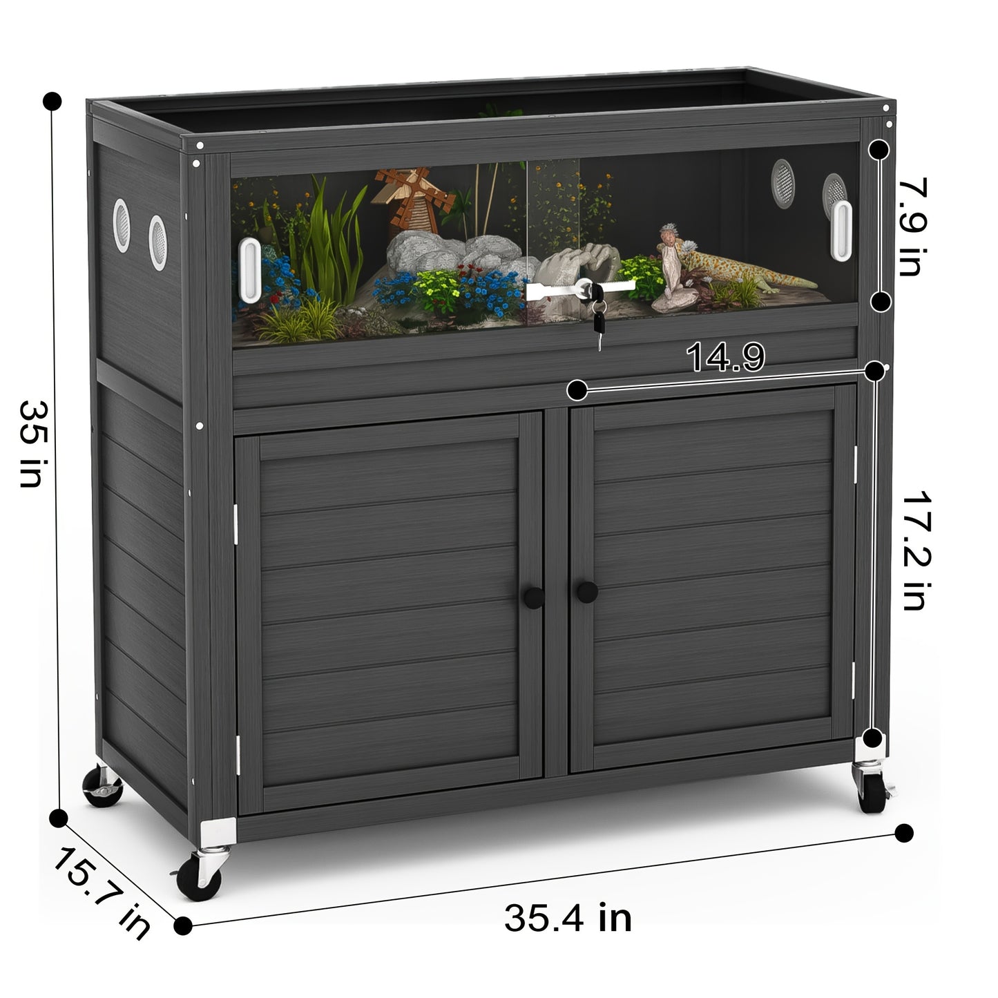 Reptile Terrarium Stand, 30 Gallon Reptile Tank with Adjustable Storage Cabinet, Wheels & Metal Mesh Roof Door