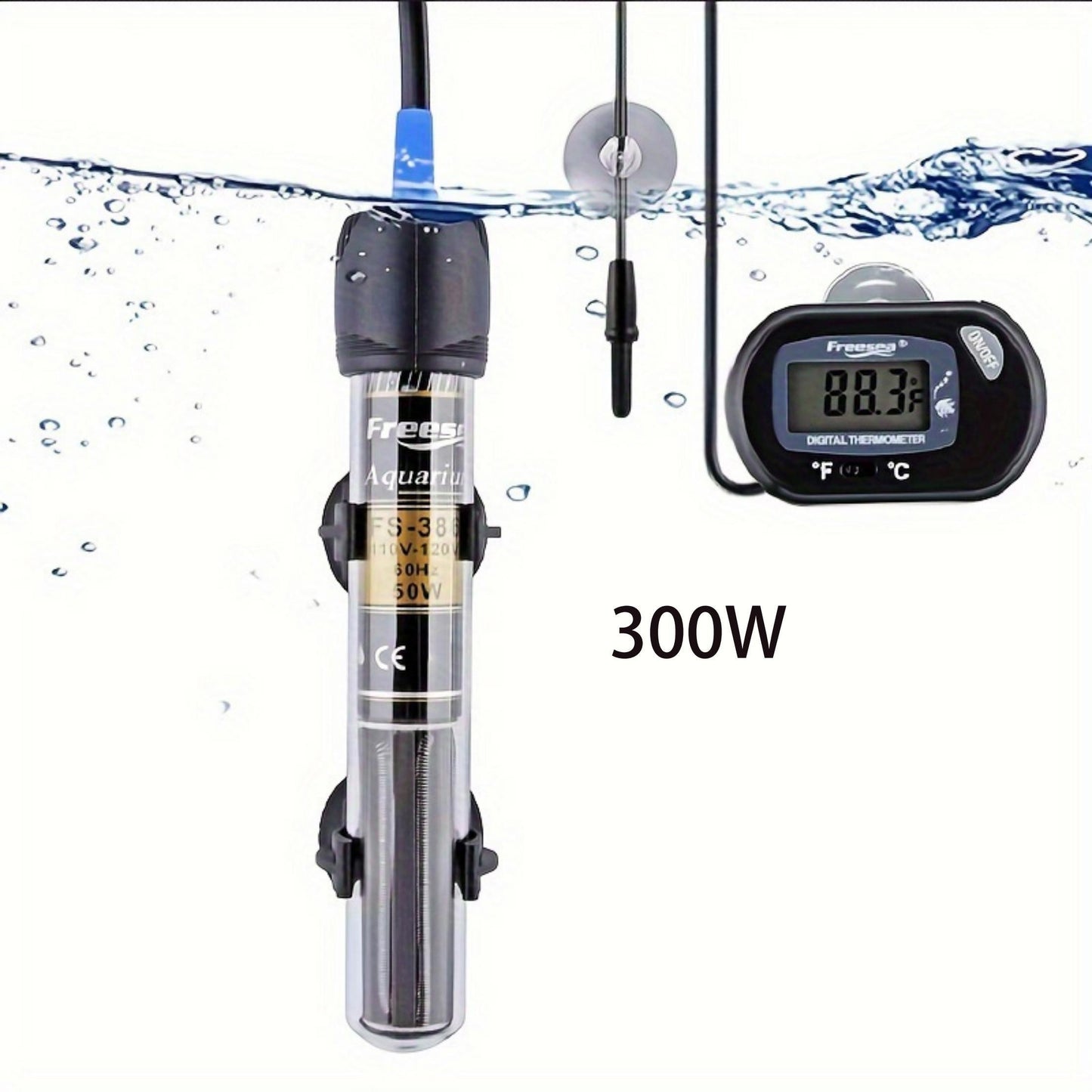 FREESEA 50/100/300 Watt Aquarium Submersible Betta Heater With Aquarium Submersible Thermometer