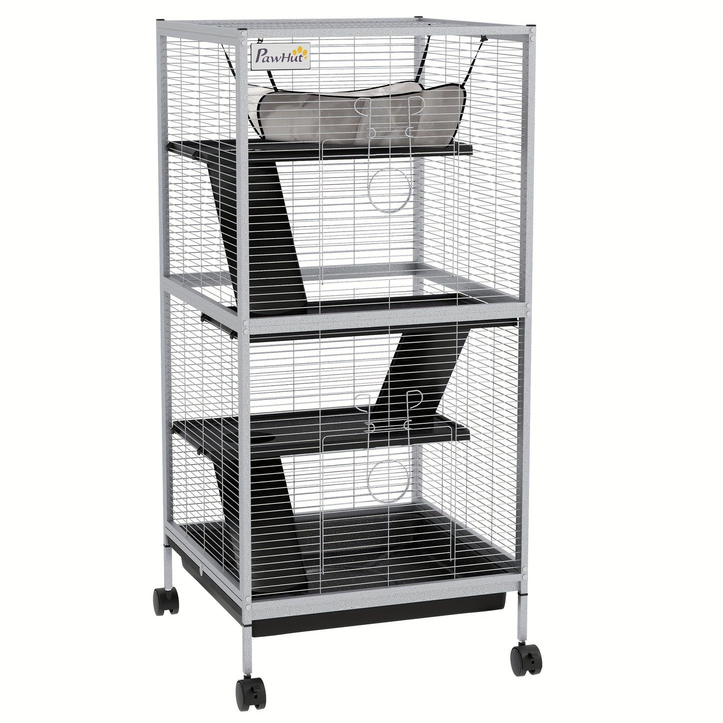 Metal Small Animal Cage Rolling Big Ferret Cage, with Hammock & 4 Tiers, Removable Tray, White