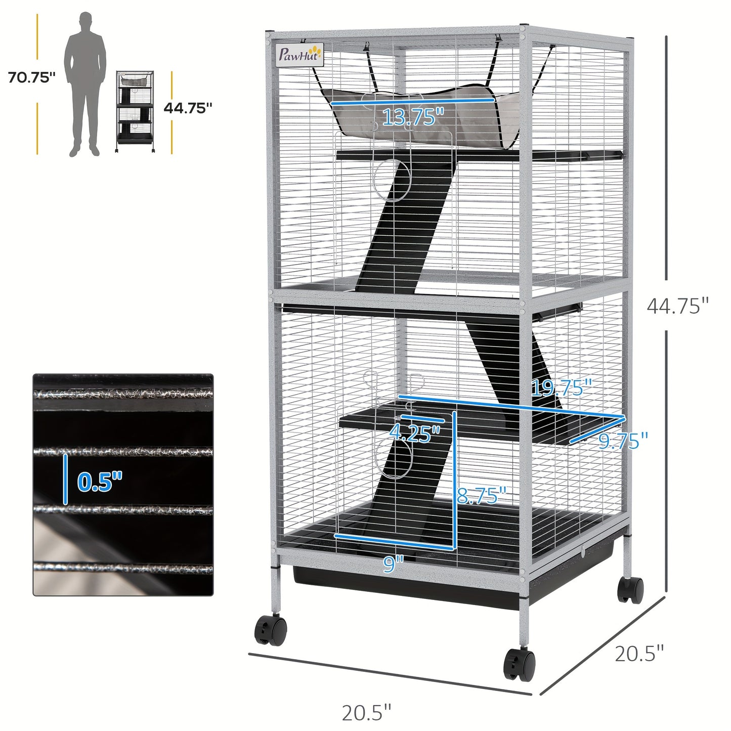 Metal Small Animal Cage Rolling Big Ferret Cage, with Hammock & 4 Tiers, Removable Tray, White