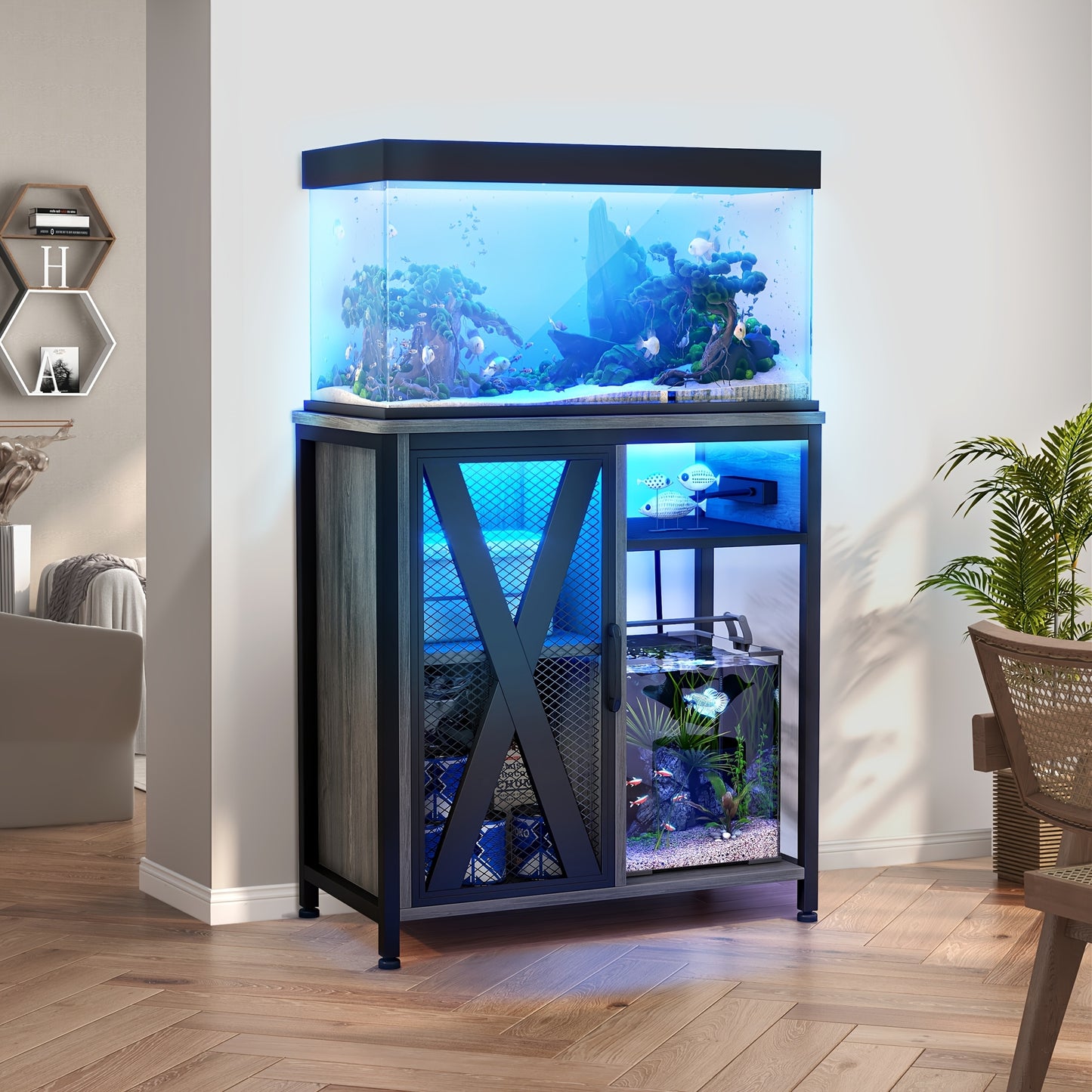 Aquarium Stand with Power Outlets & LED Light and Cabinet for 20- 29 Gallon Fish Tank Stand
