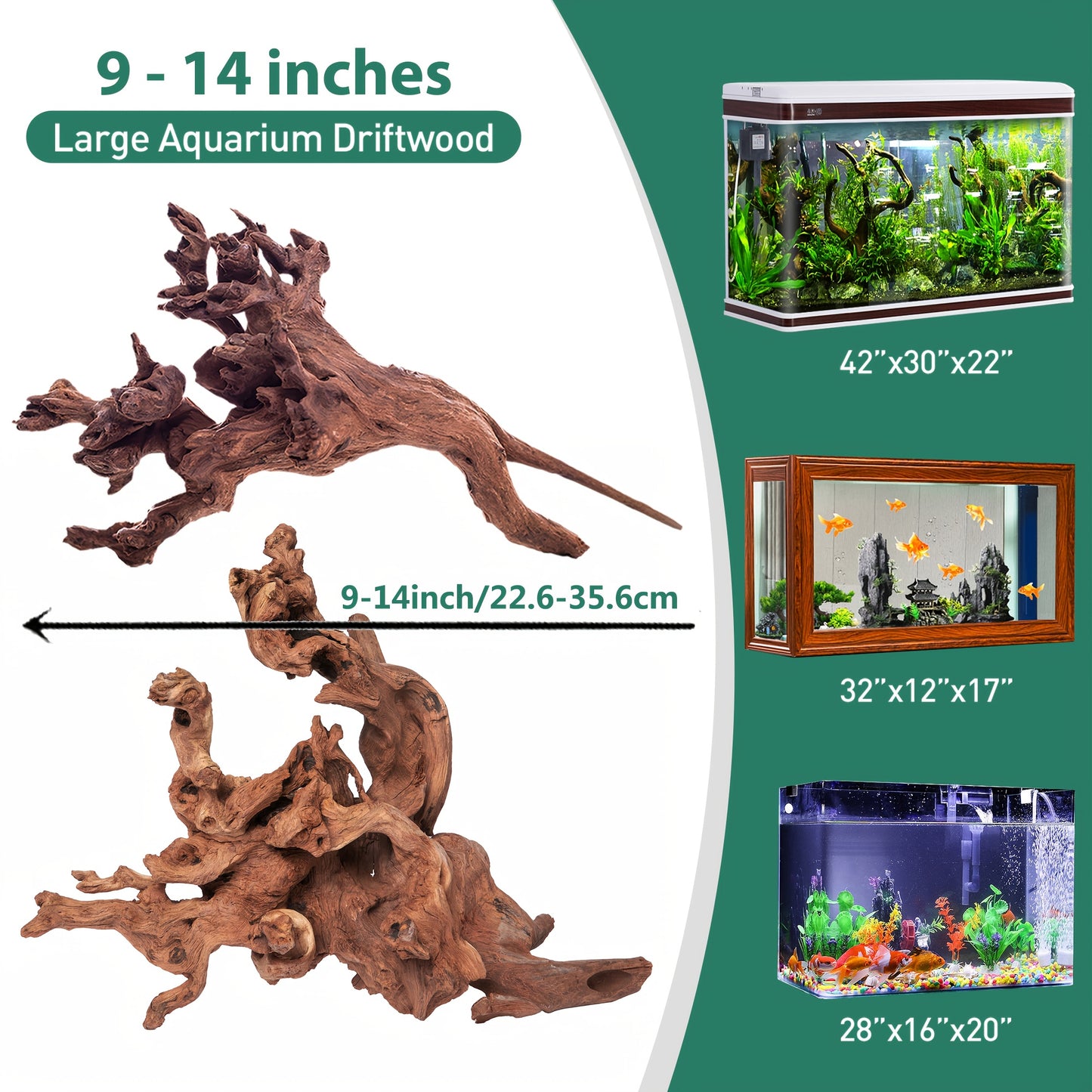 Natural Sunken Wood Aquarium Decoration for Fish Tank, Reptile Decoration, Size 9-14 Inches, 2pcs per Pack