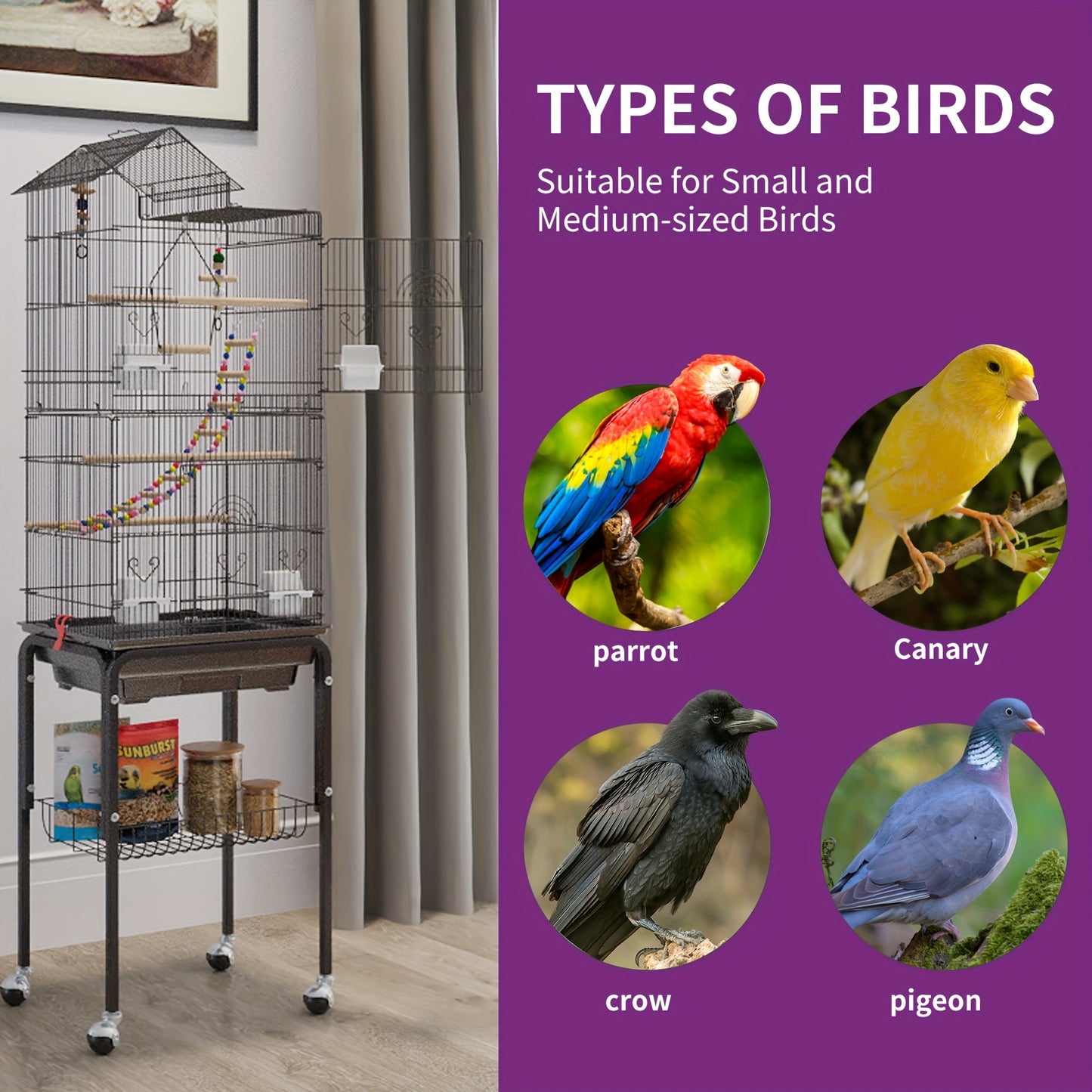 62 inch Metal Bird Cage, Large Parakeet Cages with Roof Top, Rolling Stand and Hanging Toys