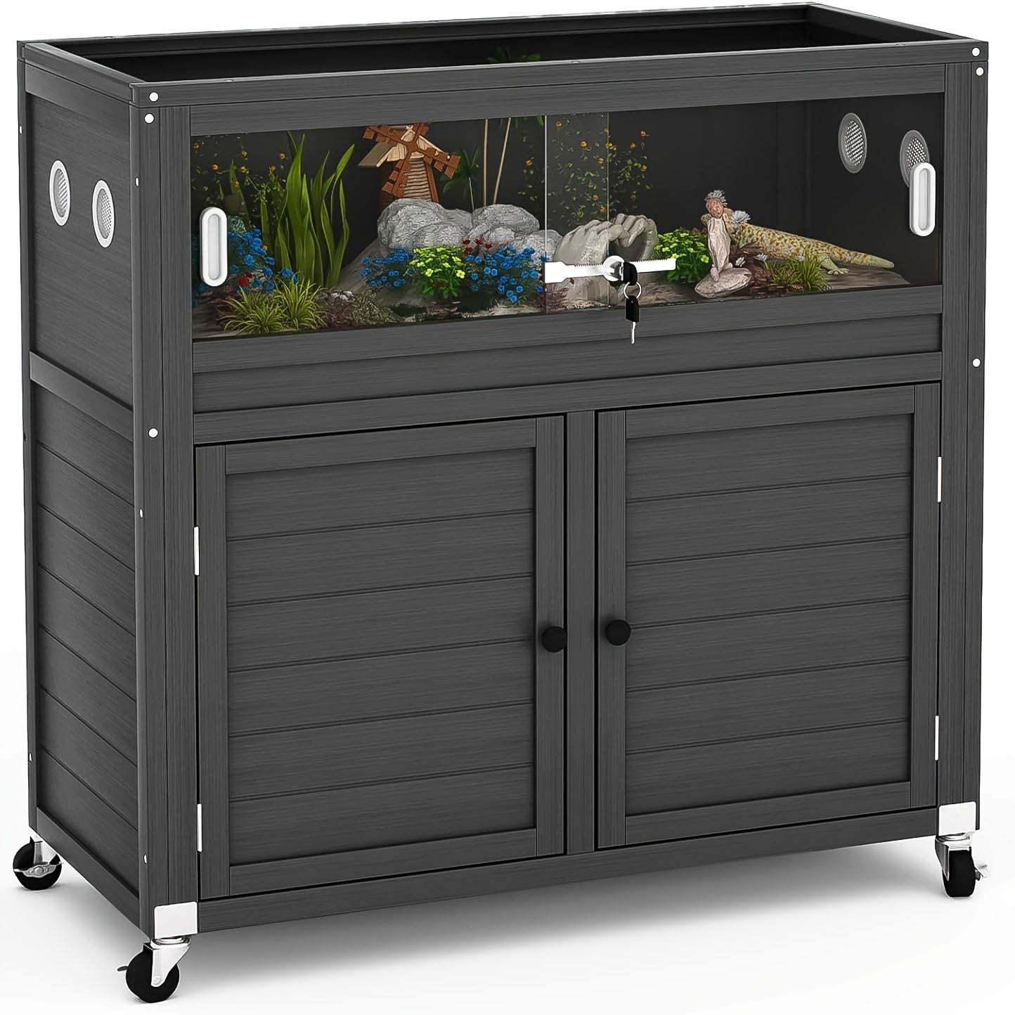 Reptile Terrarium Stand, 30 Gallon Reptile Tank with Adjustable Storage Cabinet, Wheels & Metal Mesh Roof Door