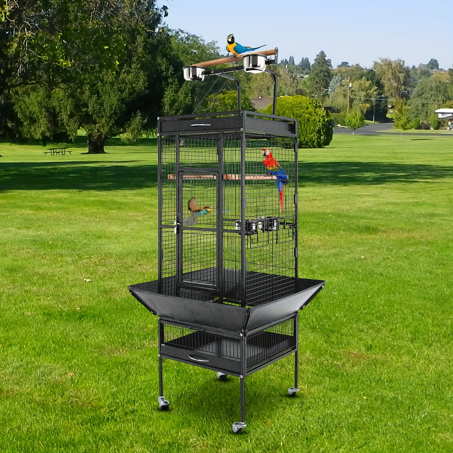 61-inch Wrought Iron Large Bird Cage with Play Top and Rolling Stand