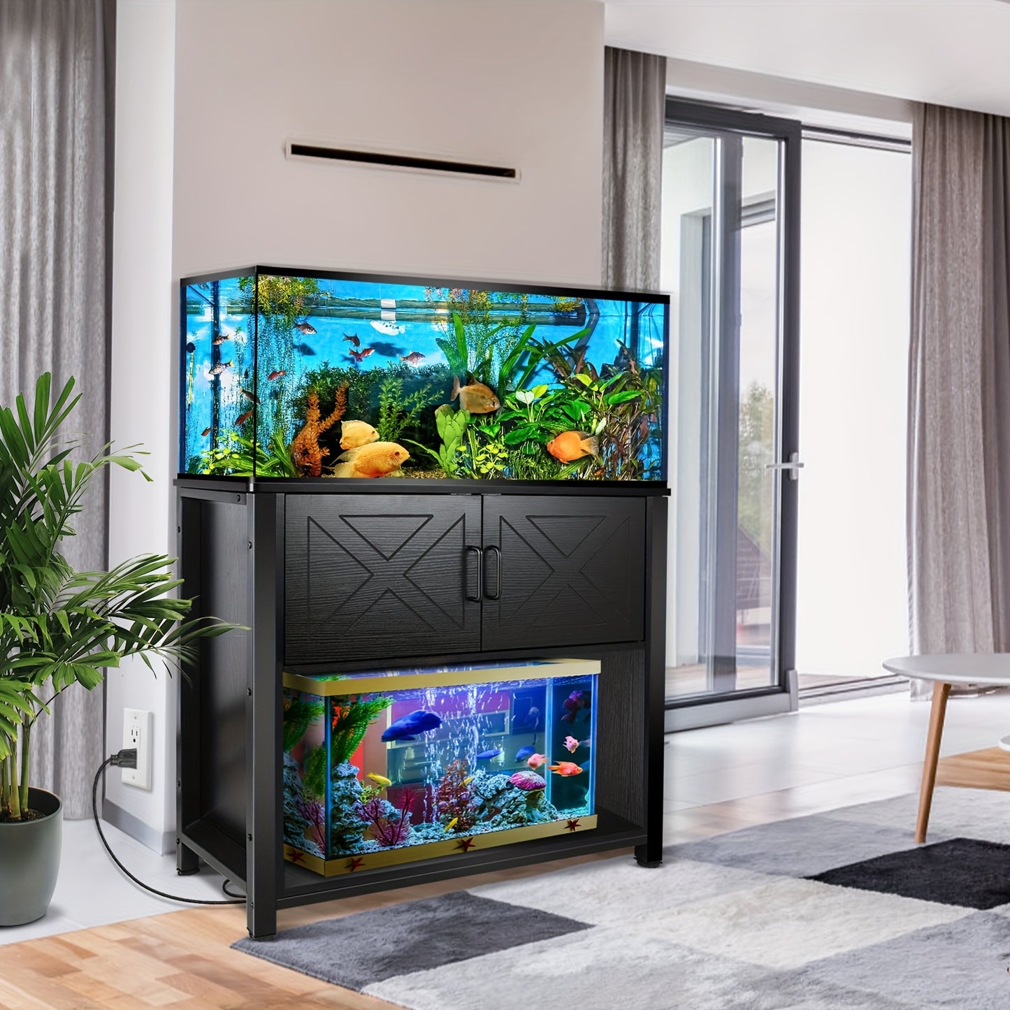 40-50 Gallon Fish Tank Stand, Metal Aquarium Stand With Cabinet & Plug For Fish Tank