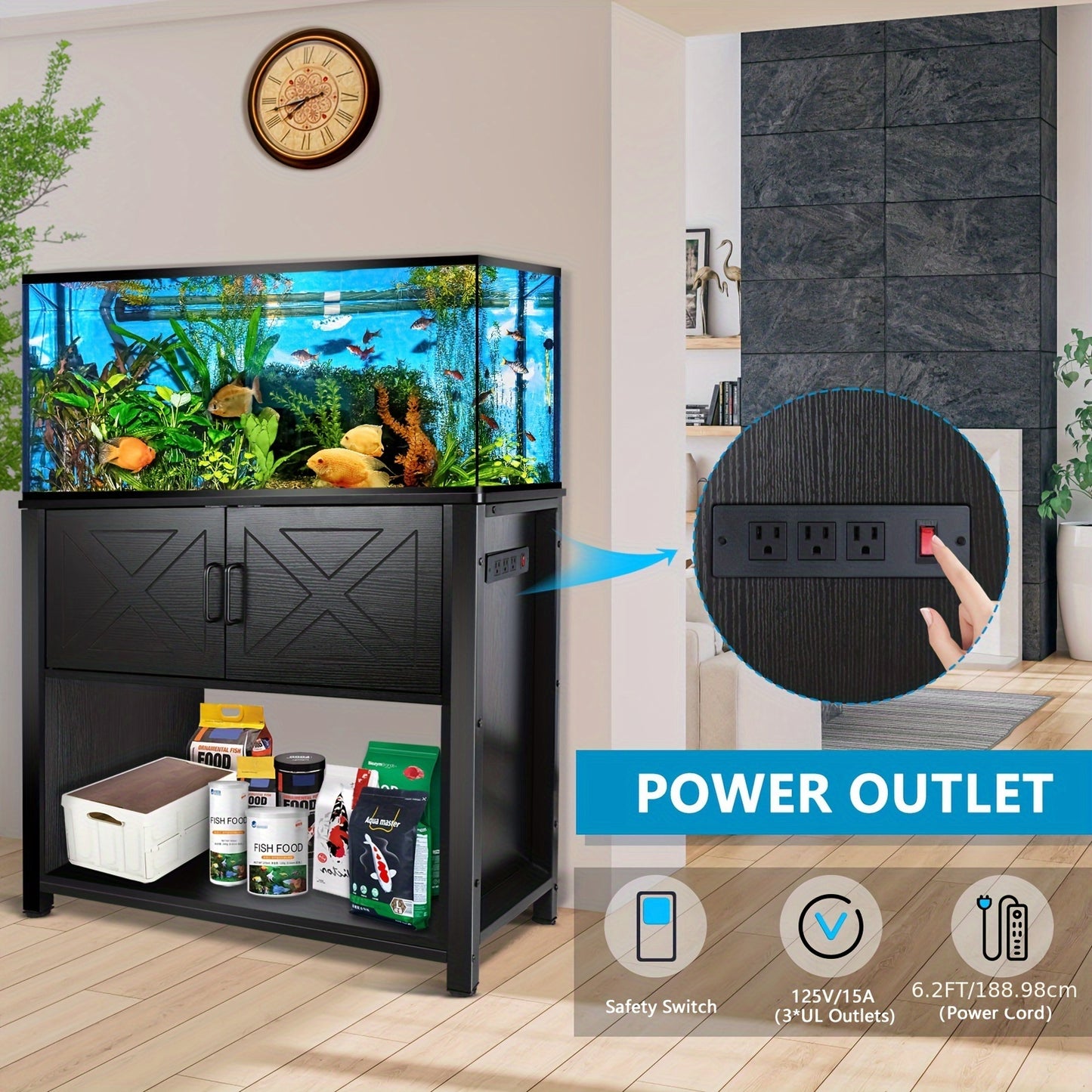 40-50 Gallon Fish Tank Stand, Metal Aquarium Stand With Cabinet & Plug For Fish Tank