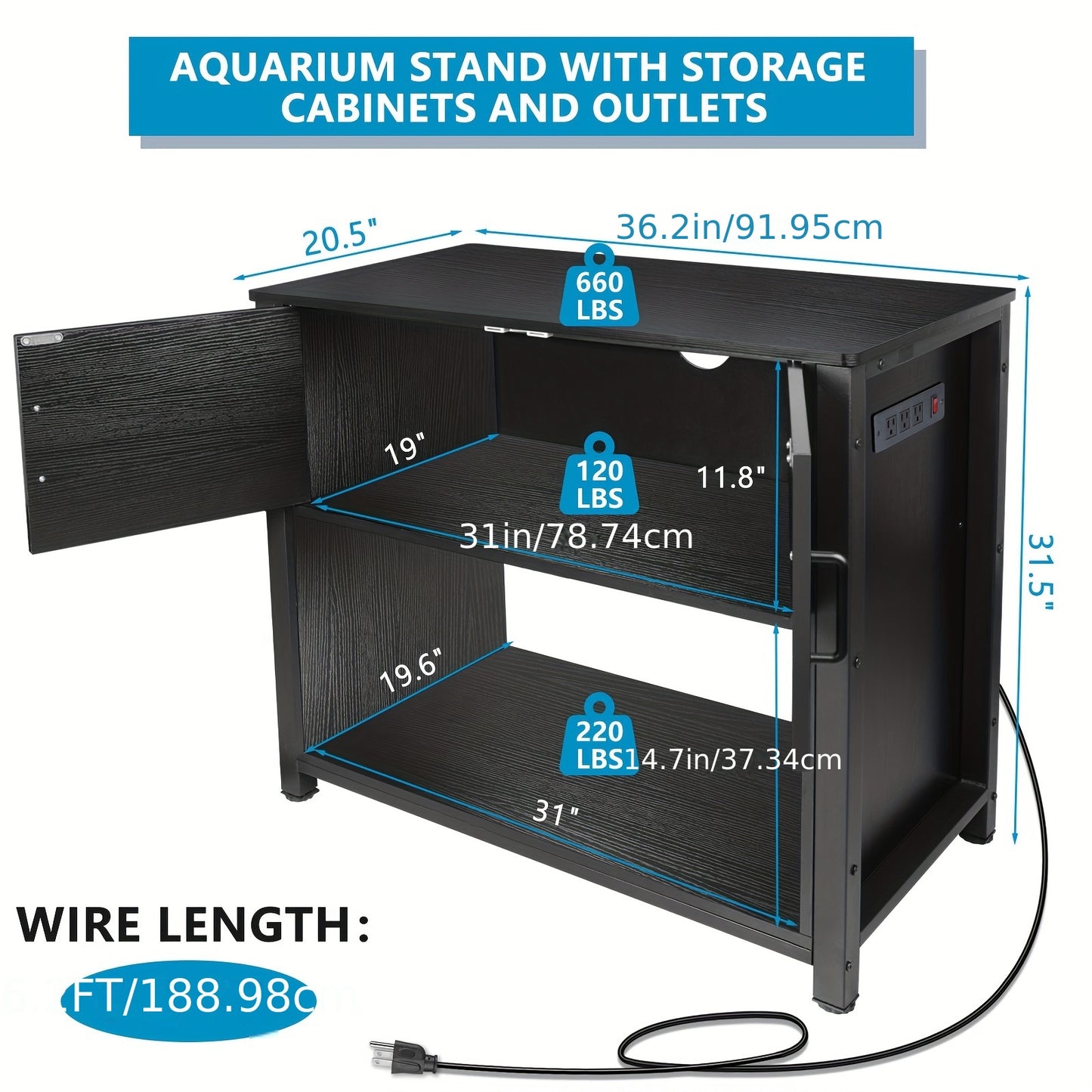 40-50 Gallon Fish Tank Stand, Metal Aquarium Stand With Cabinet & Plug For Fish Tank