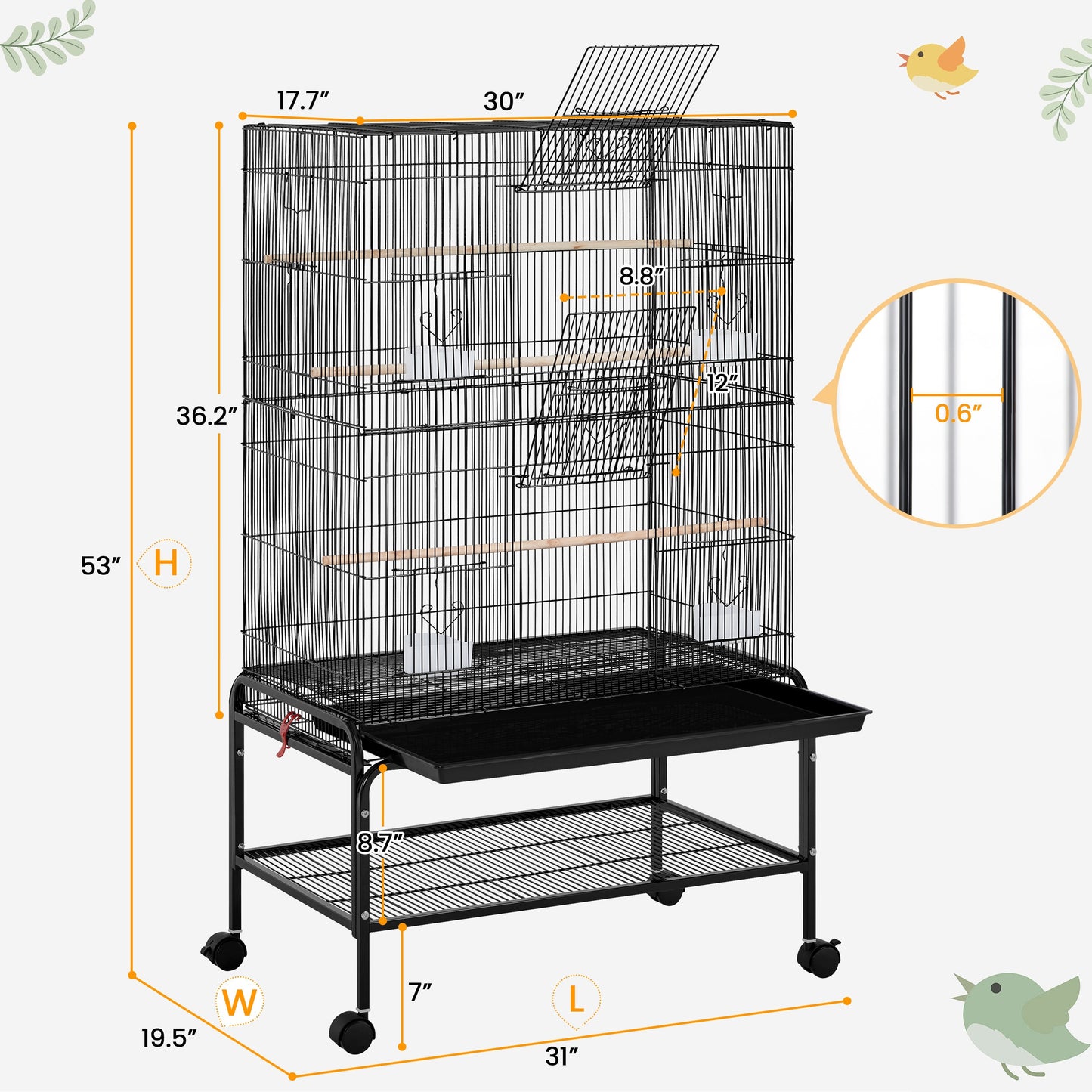 53″ Large Parrot Cage Rolling Metal Birdcage with 3 Perches & 4 Feeders & Extra Storage Shelf