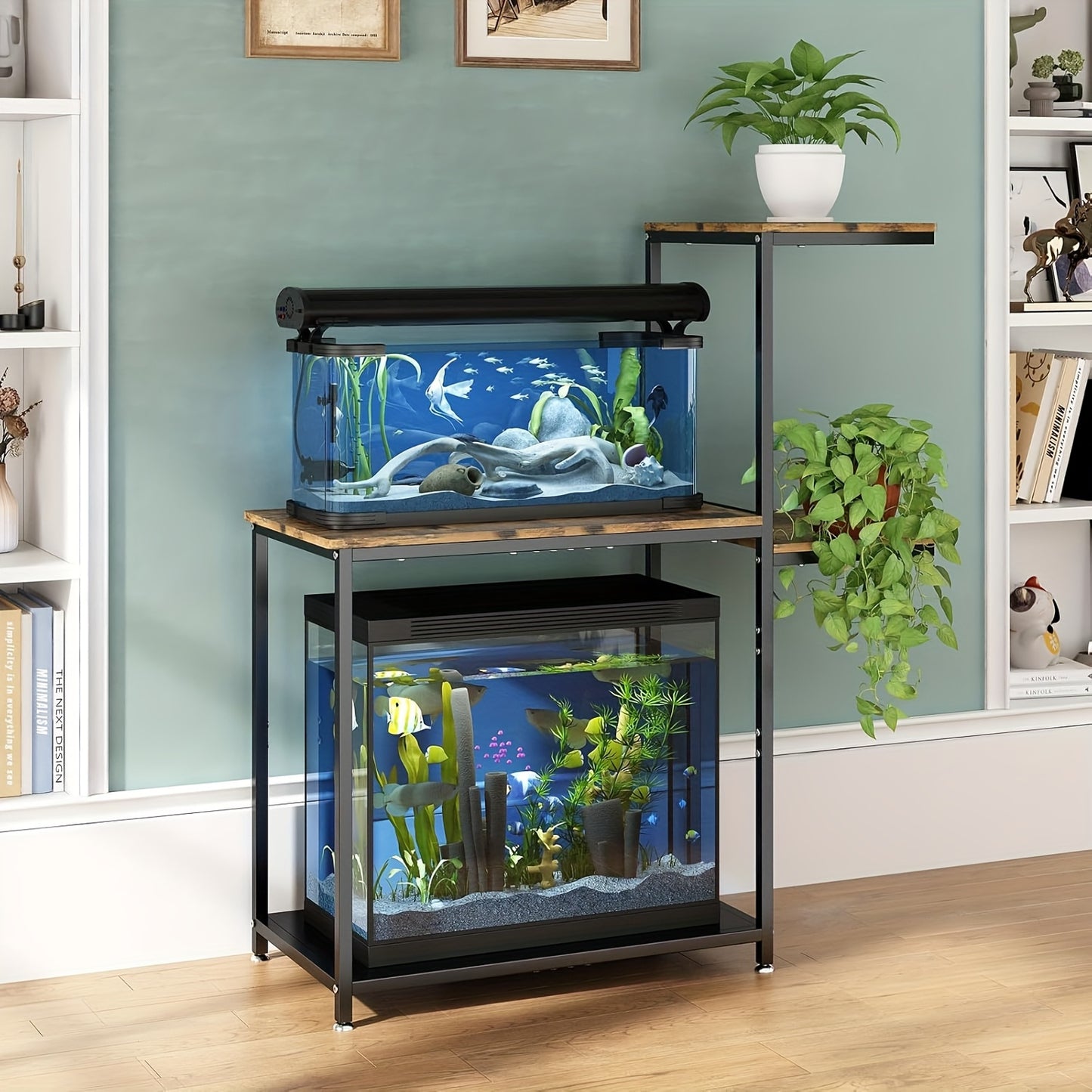 Sturdy Double-Tier Aquarium Stand for 20-25 Gallon Tanks - Sleek Metal Frame with Wooden Shelves
