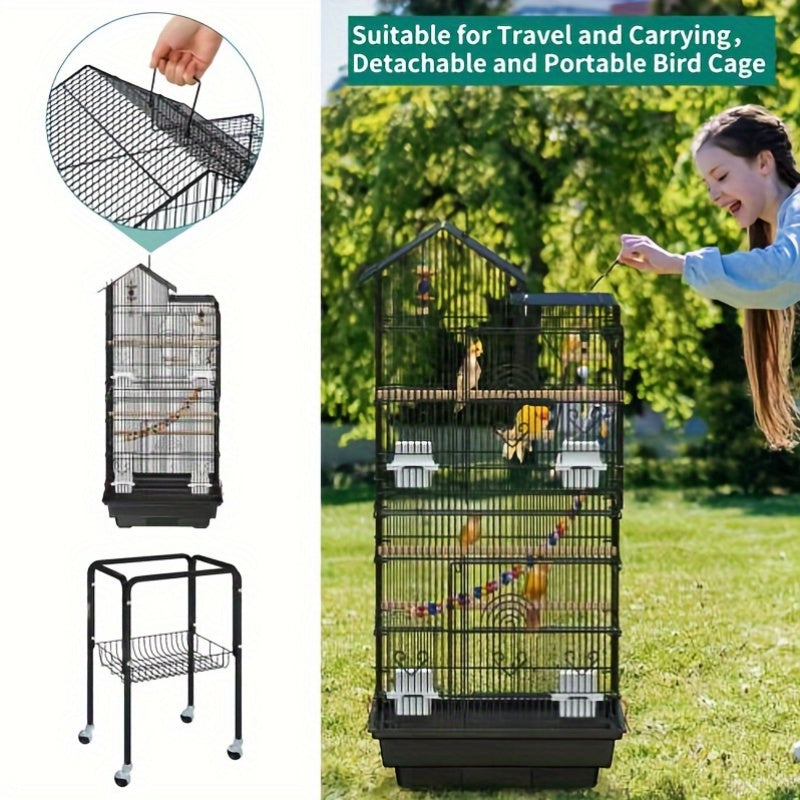 AutoWild Expansive Parakeet Enclosure: 62" Cage with Rolling Stand , Sun Conure, Black