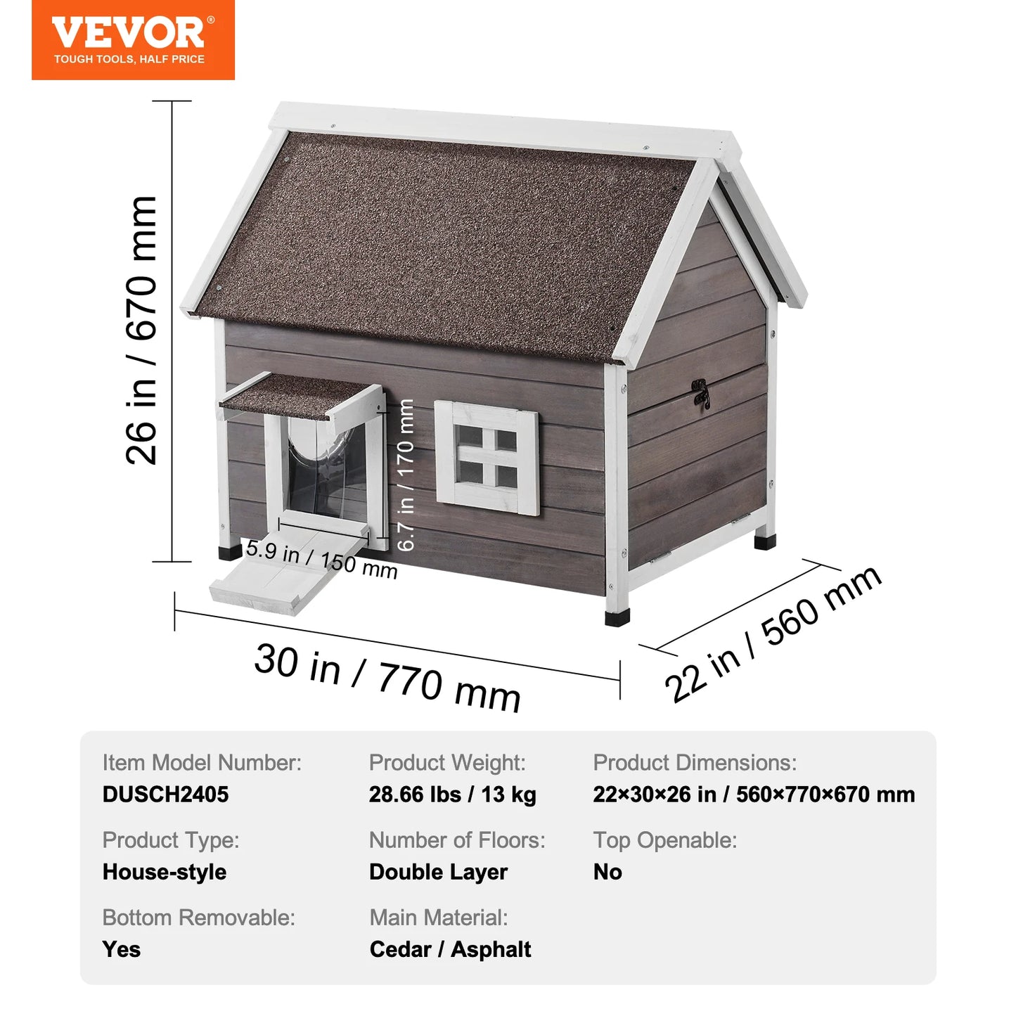 VEVOR Outdoor Cat House Weatherproof Outdoor Wooden Cat House with Side Door 22"Lx30"Wx26"H