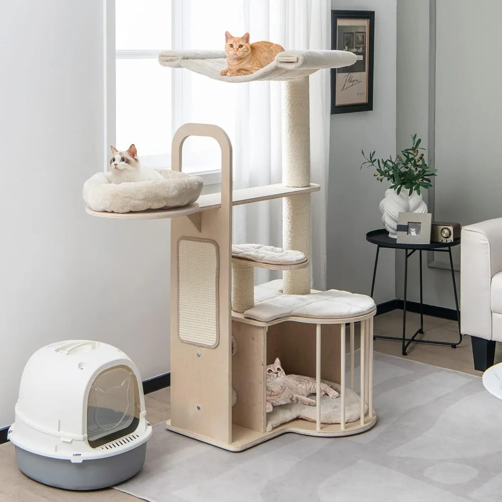 Tall Cat Tree for Indoor Cats, 55 Inch Multi-Level Center with Hammock, Cat Condo, Sisal Scratching