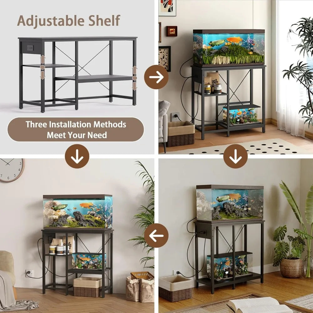 20-29 Gallon Fish Tank Stand with Power Outlet & LED Light, Metal Aquarium Stand
