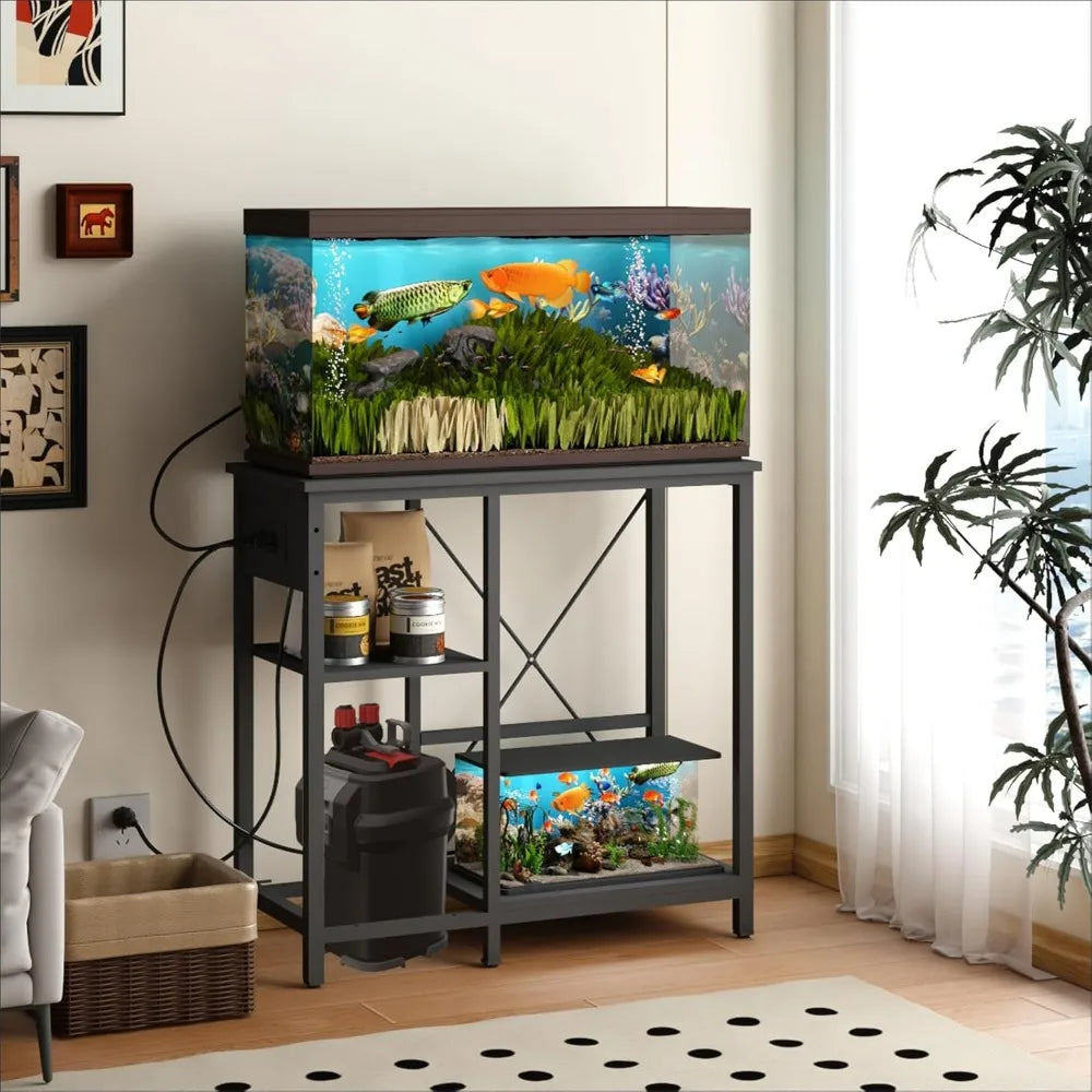 20-29 Gallon Fish Tank Stand with Power Outlet & LED Light, Metal Aquarium Stand