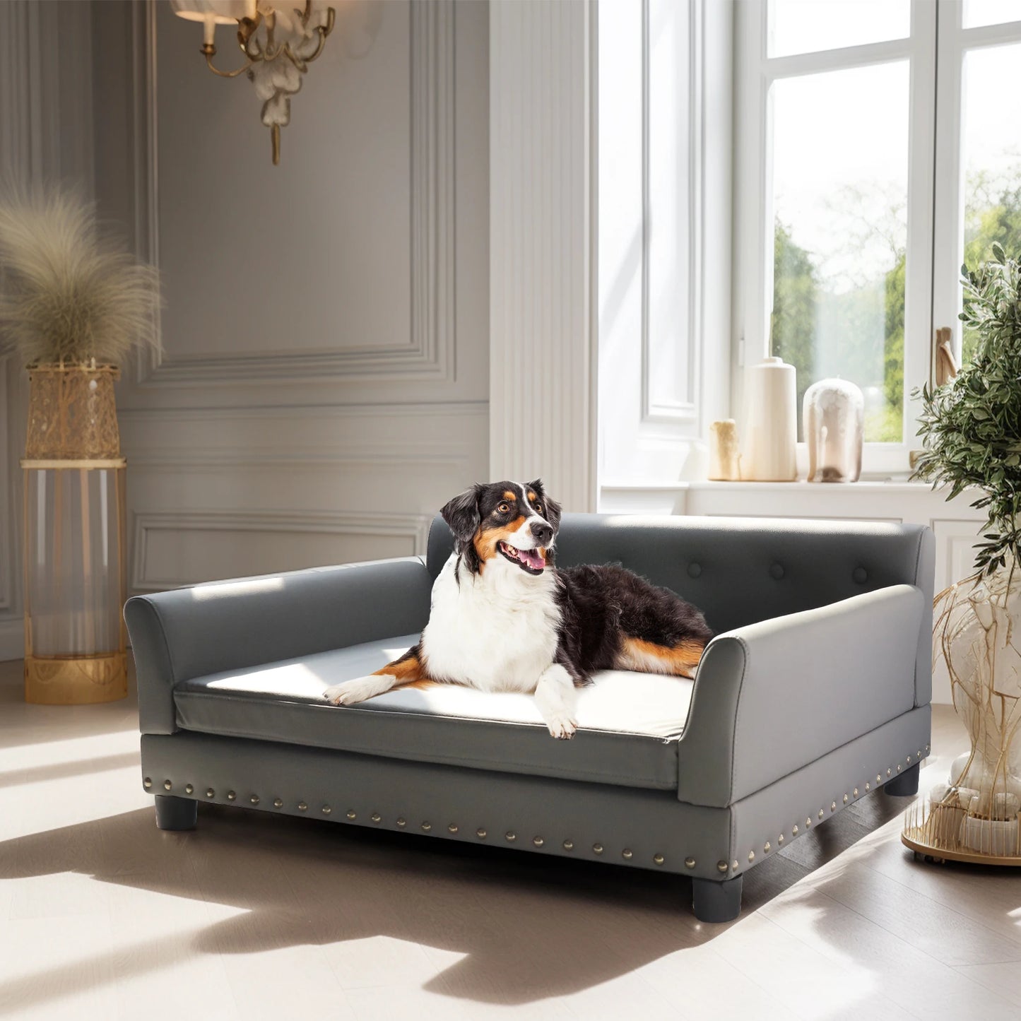 Elevated Dog Bed Sofa Microfiber Leather Cover Luxurious Extra Large Pet Chair with Removable Cushion