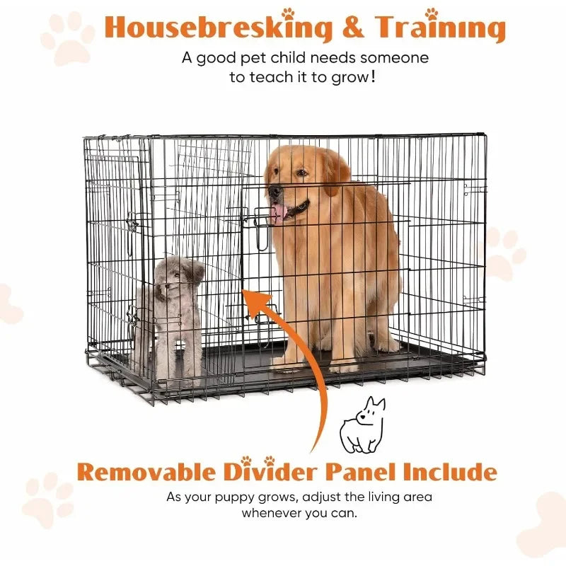 Double Door Folding Wire Dog Cage with Plastic Leakproof Tray