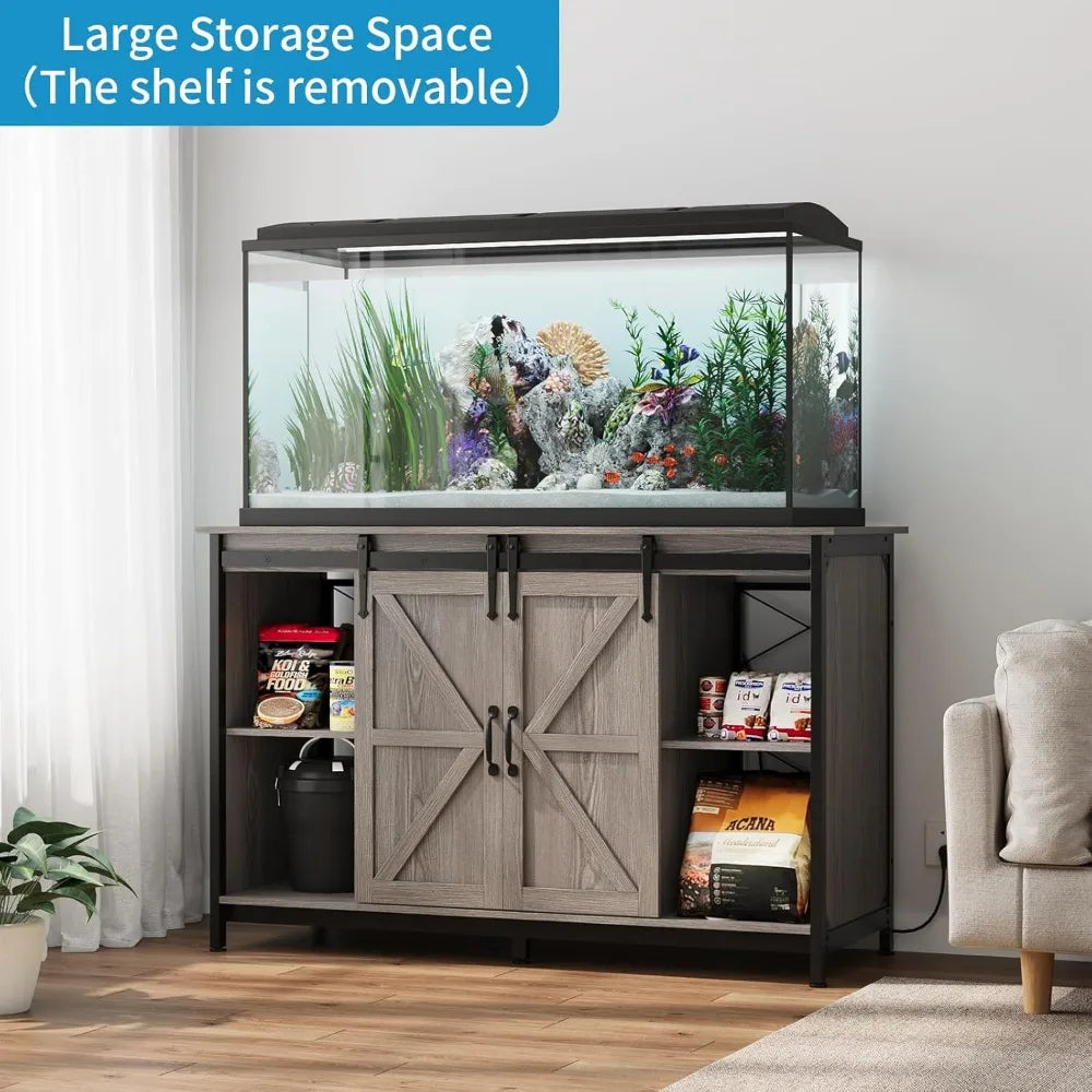 Farmhouse Fish Tank Stand with Power Outlet, Aquarium Stand with Storage Cabinet and Sliding Barn Door