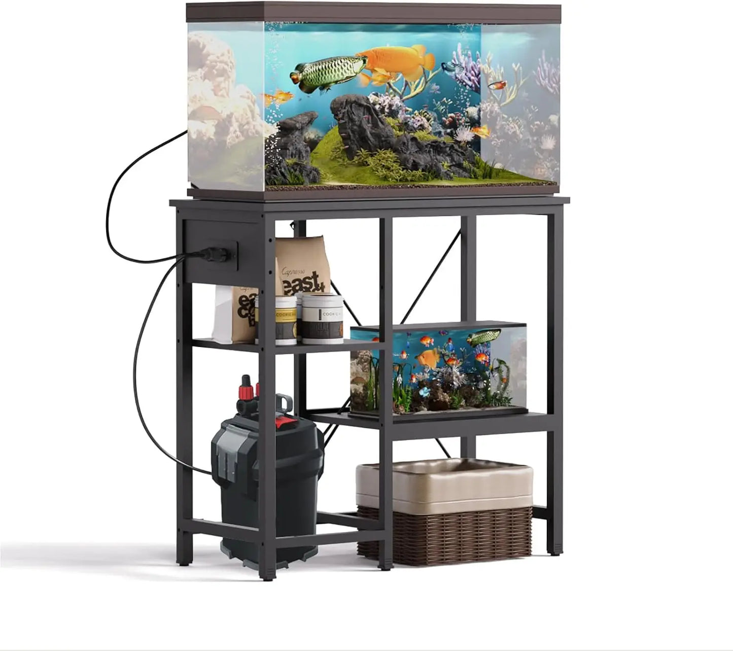 20-29 Gallon Fish Tank Stand with Power Outlet & LED Light, Metal Aquarium Stand