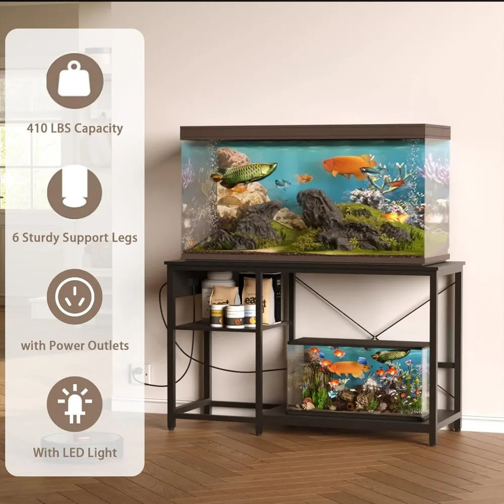20-29 Gallon Fish Tank Stand with Power Outlet & LED Light, Metal Aquarium Stand