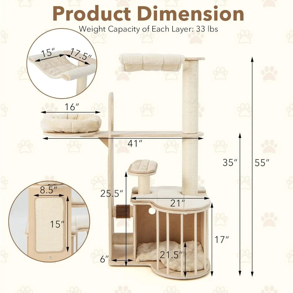 Tall Cat Tree for Indoor Cats, 55 Inch Multi-Level Center with Hammock, Cat Condo, Sisal Scratching