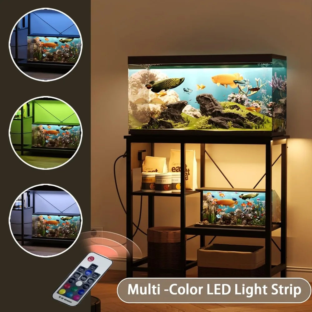 20-29 Gallon Fish Tank Stand with Power Outlet & LED Light, Metal Aquarium Stand