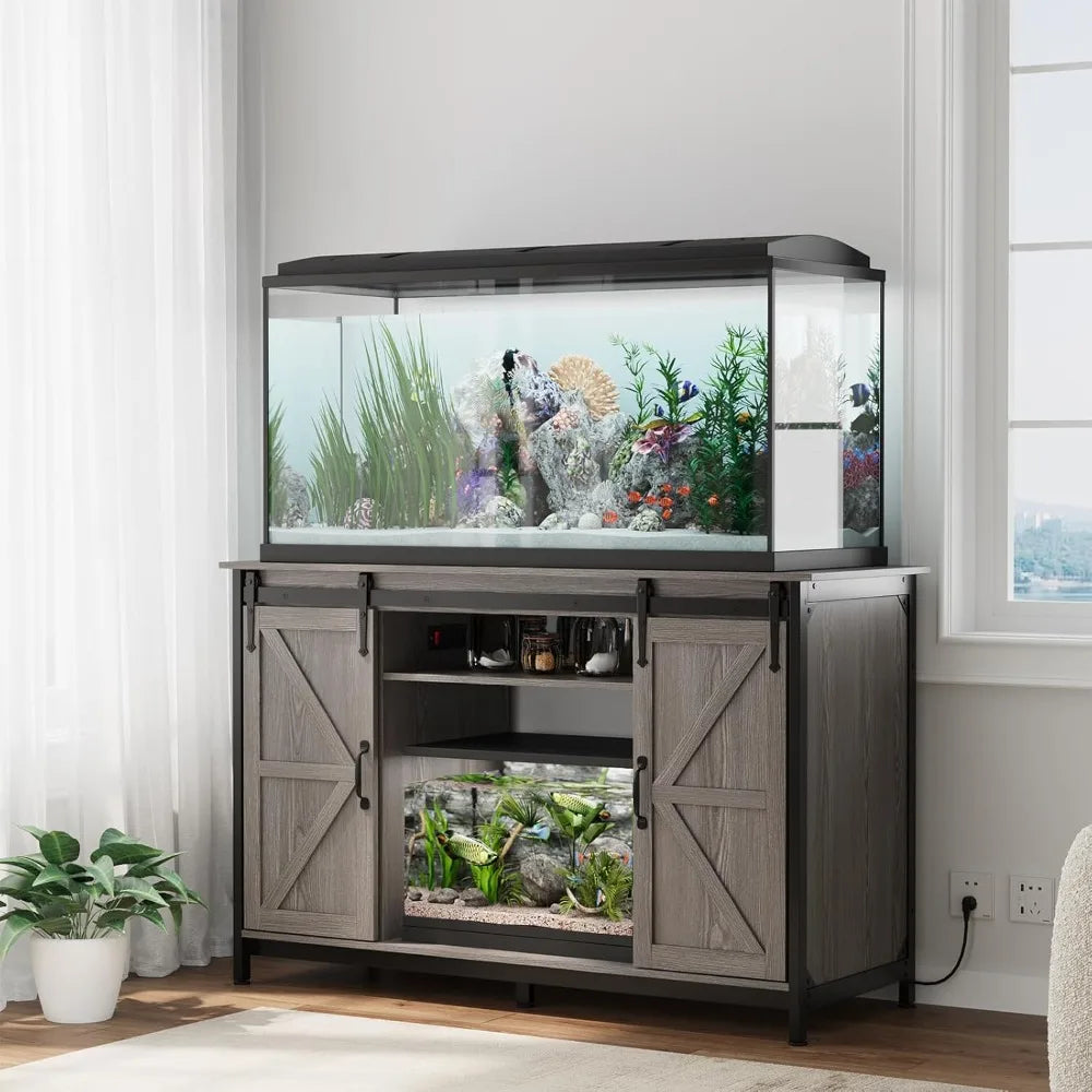 Farmhouse Fish Tank Stand with Power Outlet, Aquarium Stand with Storage Cabinet and Sliding Barn Door