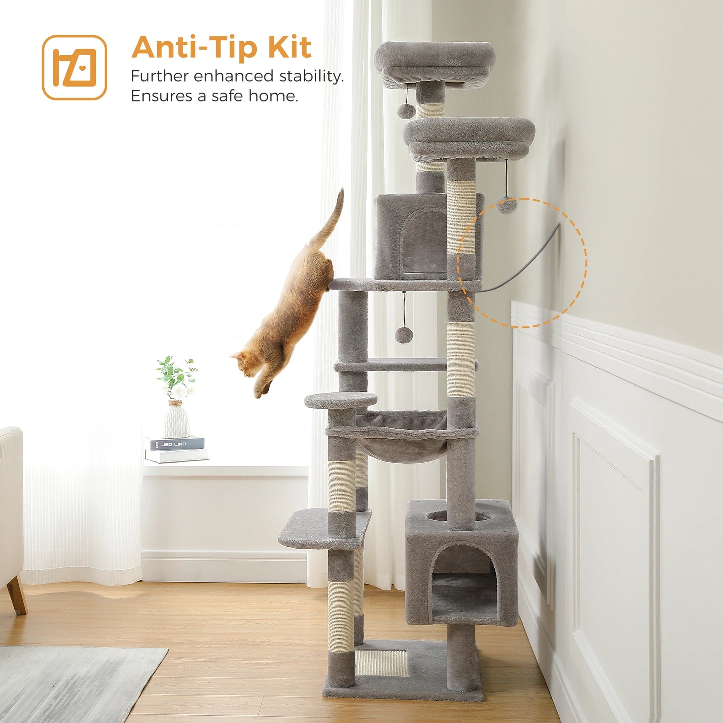 184cm Large Cat Tree and Tower for Indoor Cats With Sisal-Covered Scratching Posts Spacious Hammock