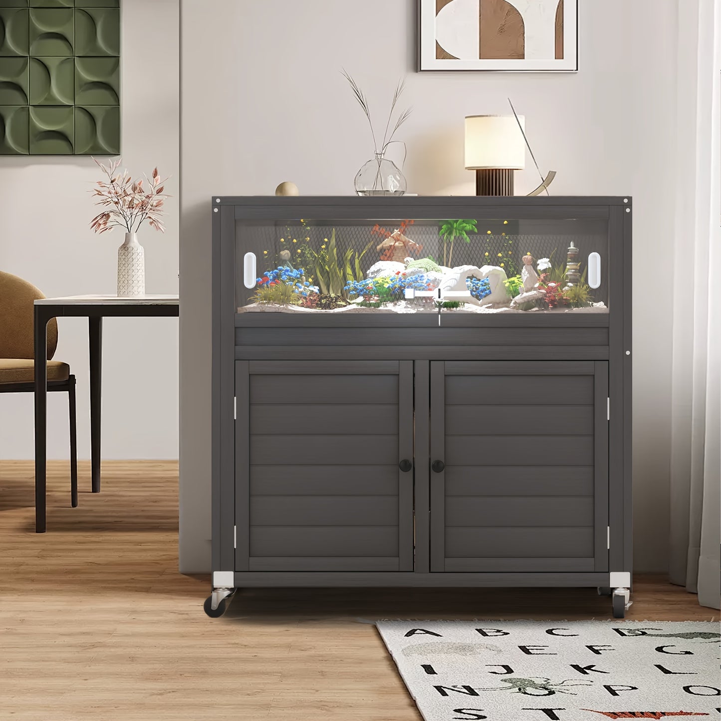 Reptile Terrarium Stand, 30 Gallon Reptile Tank with Adjustable Storage Cabinet, Wheels & Metal Mesh Roof Door