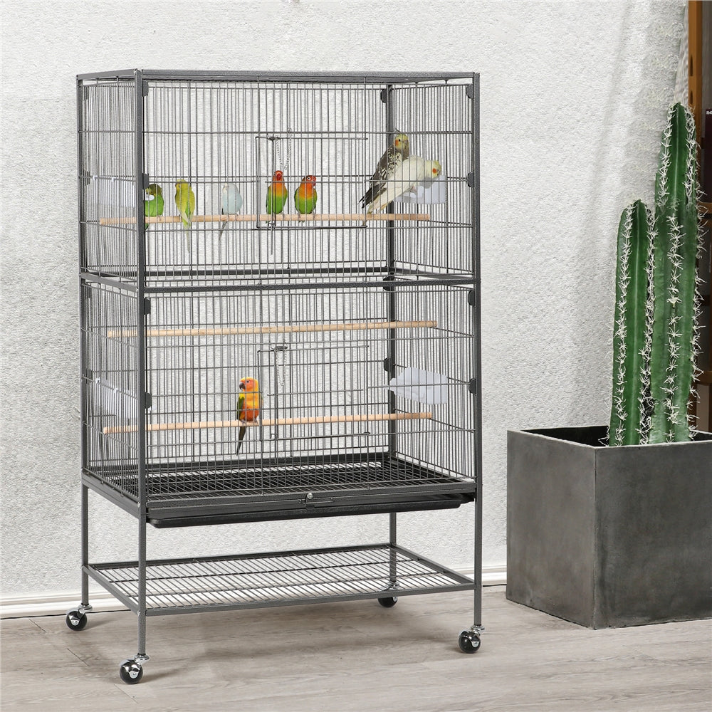 52"H Large Parrot Cage Rolling Metal Bird Cage with 3 Perches & 4 Feeders & Extra Storage Shelf Black