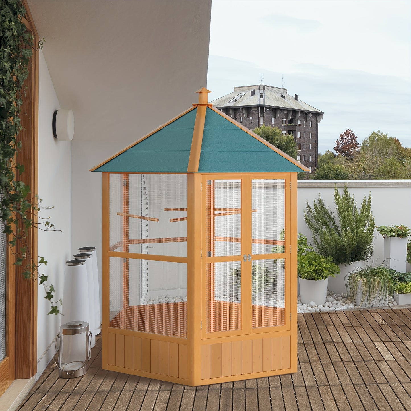 PawHut 69" Spacious Hexagonal Wooden Bird Cage with Covered Roof - Ideal for Outdoor Use