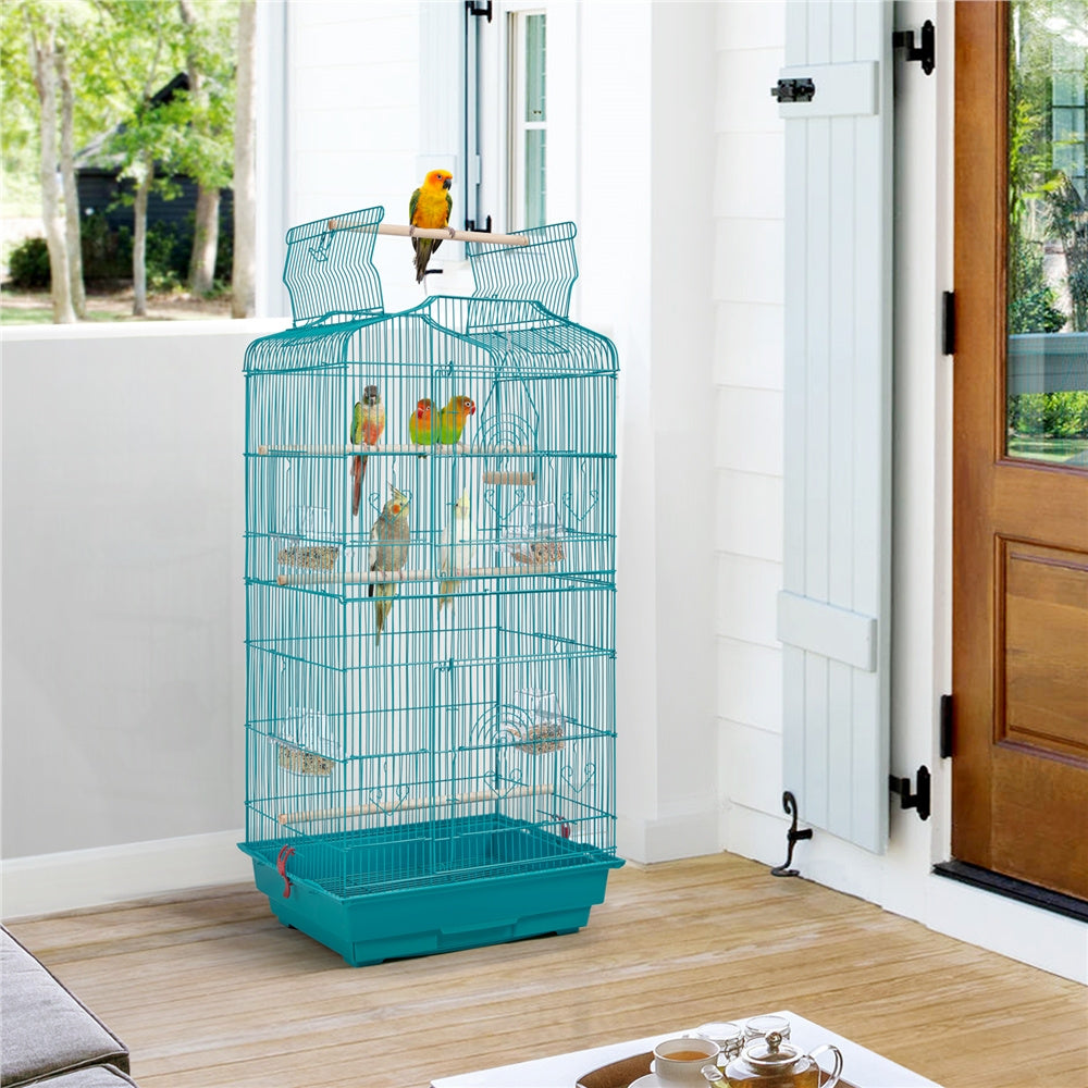 41-Inch Open Top Metal Parrot Bird Cage with Slide-out Tray, Four Feeders & Double Doors