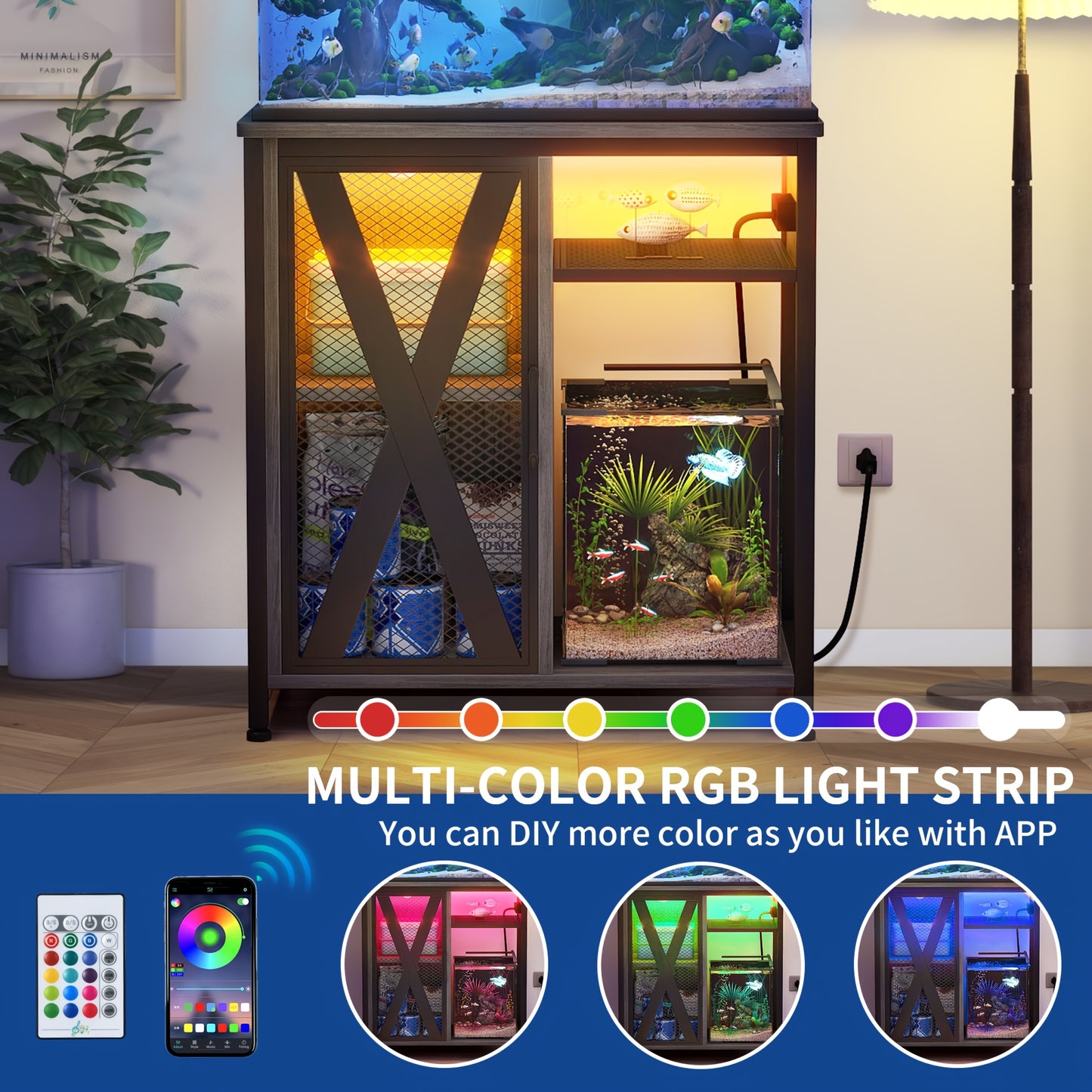 Aquarium Stand with Power Outlets & LED Light and Cabinet for 20- 29 Gallon Fish Tank Stand