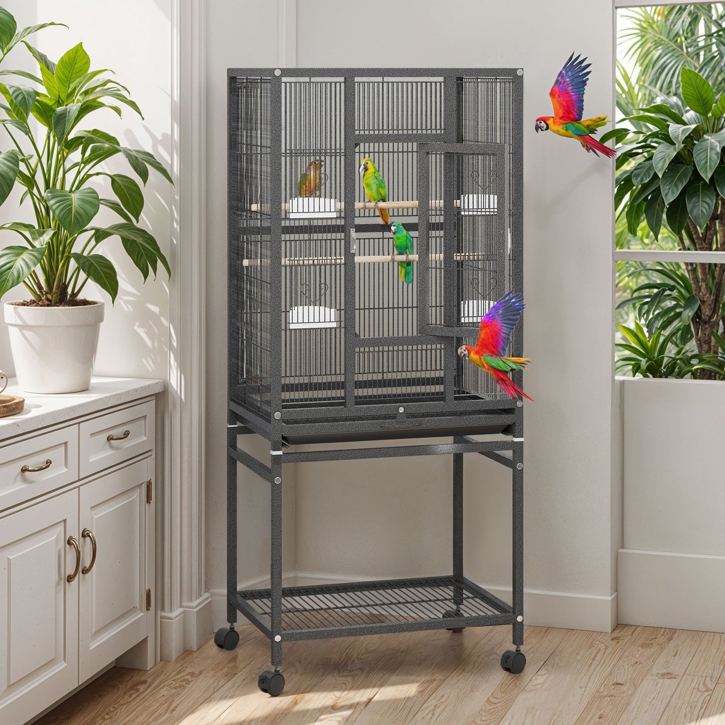 Metal Large Bird Cage - 53" Durable Metal Pet Cage with 4 Feeders, 2 Perches, 2 Safe Door Locks -