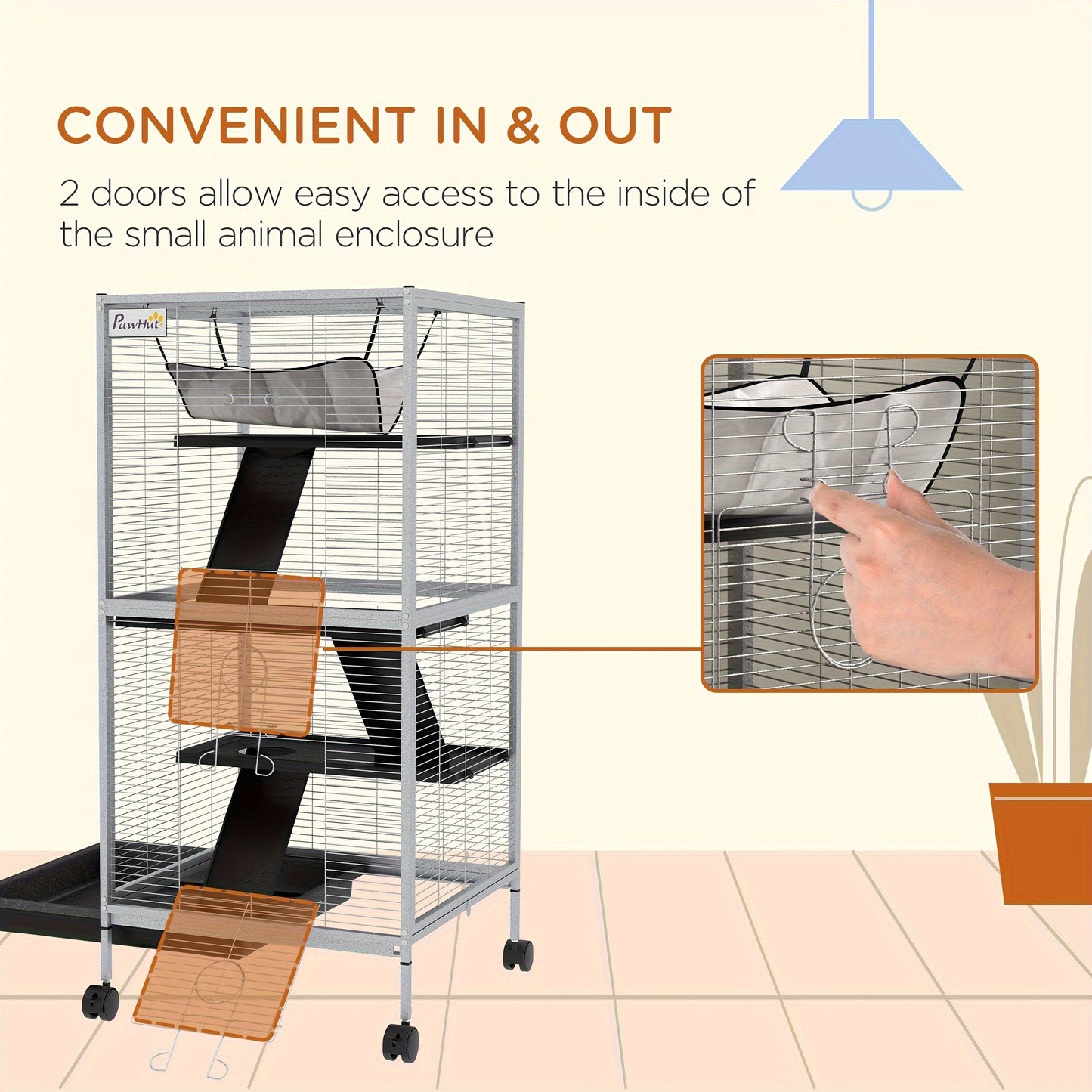 Metal Small Animal Cage Rolling Big Ferret Cage, with Hammock & 4 Tiers, Removable Tray, White
