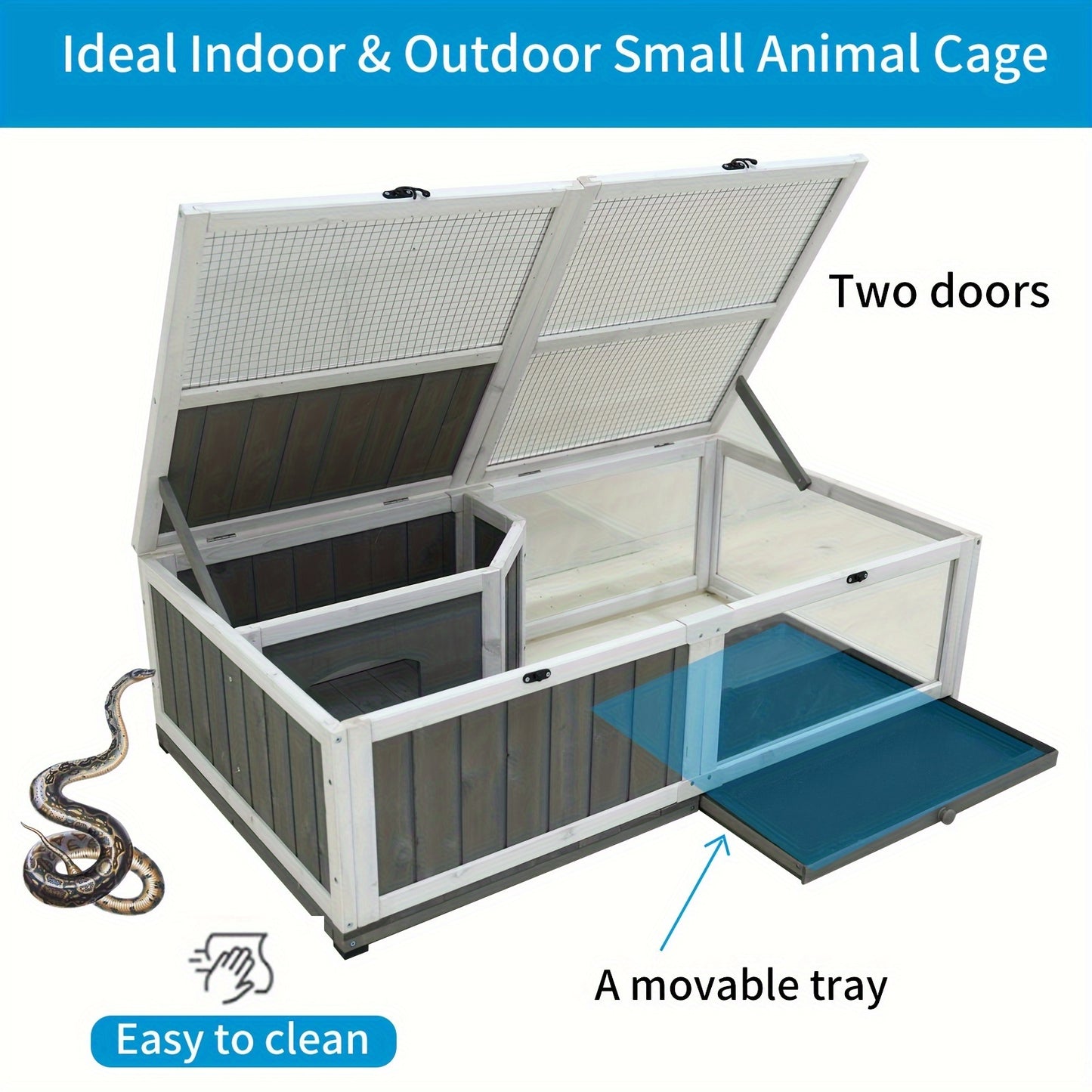 43" Tortoise Enclosure Indoor Wooden Bunny Cage, Snake Enclosure Reptile Terrarium Indoor Hamster Cage