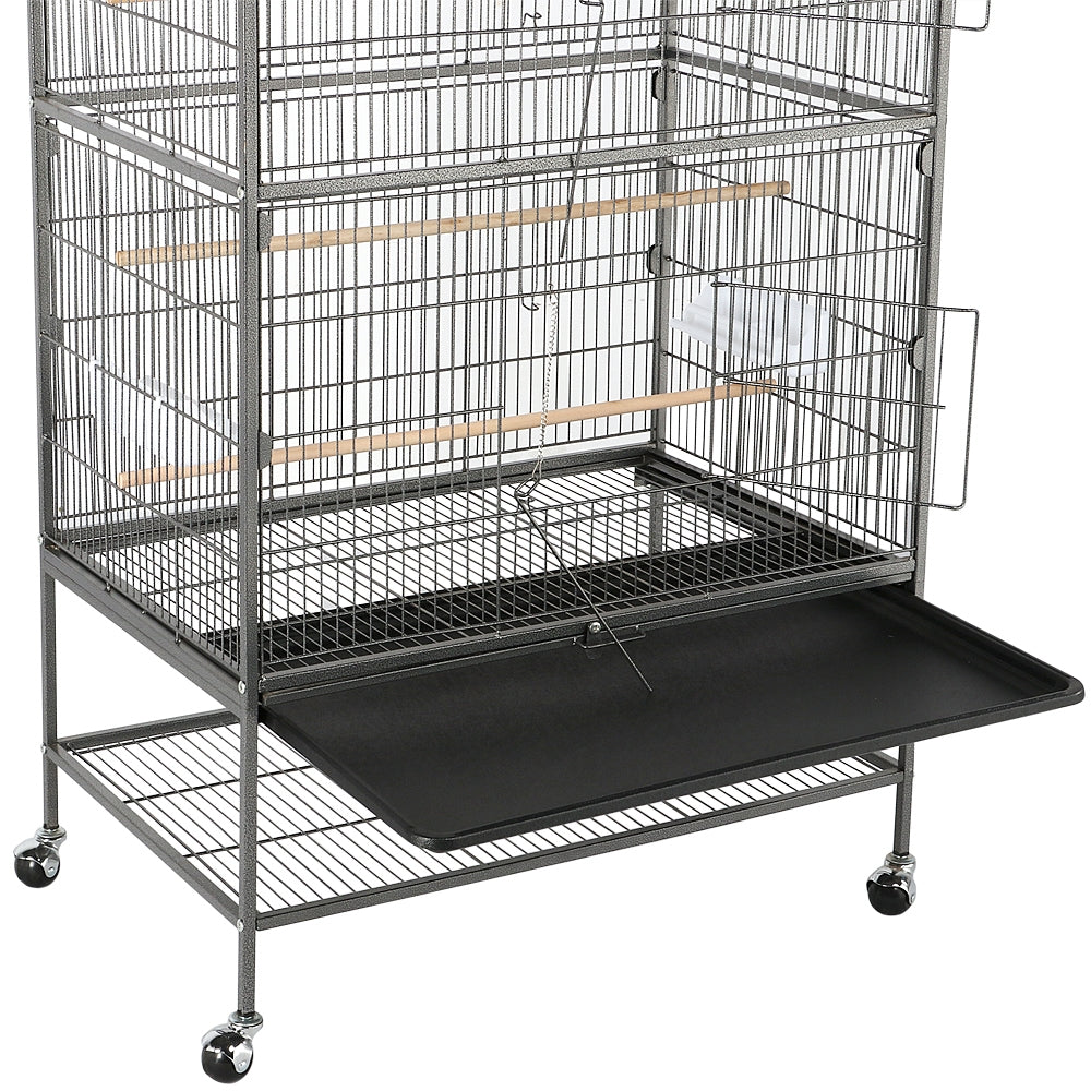 52"H Large Parrot Cage Rolling Metal Bird Cage with 3 Perches & 4 Feeders & Extra Storage Shelf Black