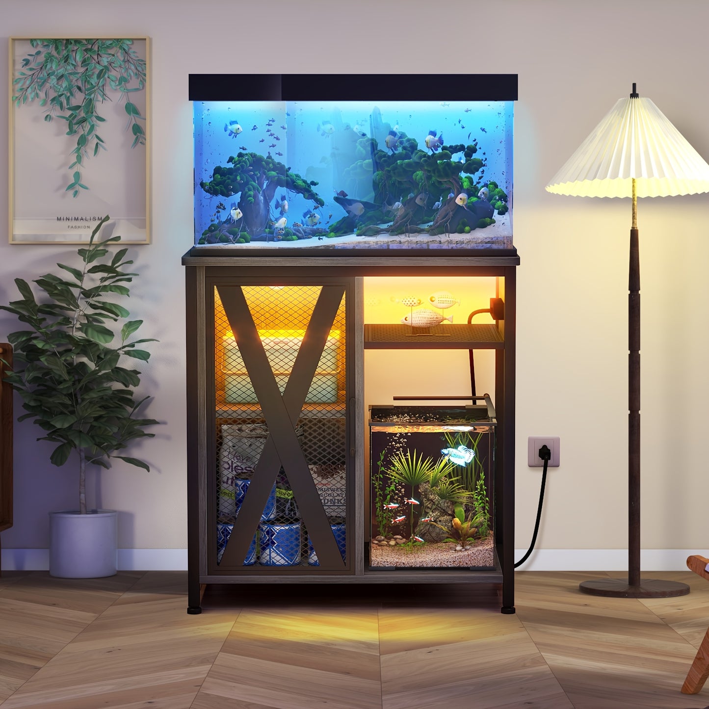 Aquarium Stand with Power Outlets & LED Light and Cabinet for 20- 29 Gallon Fish Tank Stand