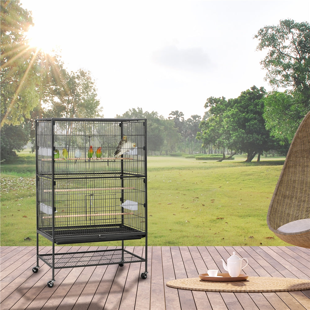 52"H Large Parrot Cage Rolling Metal Bird Cage  with 3 Perches & 4 Feeders & Extra Storage Shelf Black