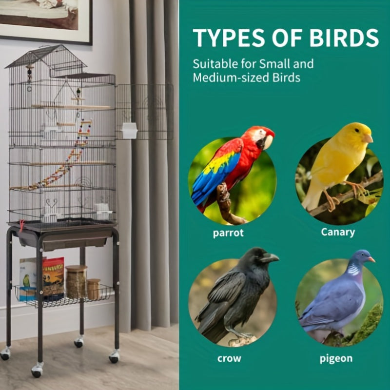 Elevated Parakeet Oasis: Expansive 62" Cage on Casters with Vibrant Accessories for Lovebirds, Black