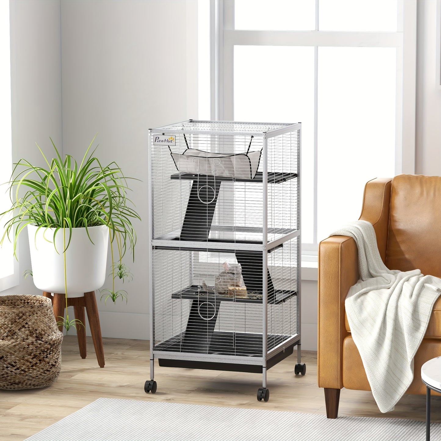 Metal Small Animal Cage Rolling Big Ferret Cage, with Hammock & 4 Tiers, Removable Tray, White