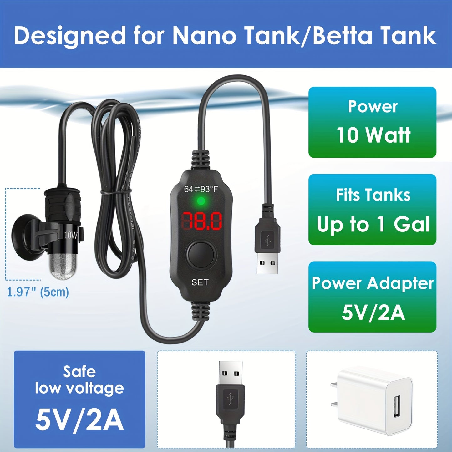 10W/20W/30W Small Aquarium Heater - Submersible, Digital Display Thermostat Turtle & Small Fish Tanks (1-6 Gallons)